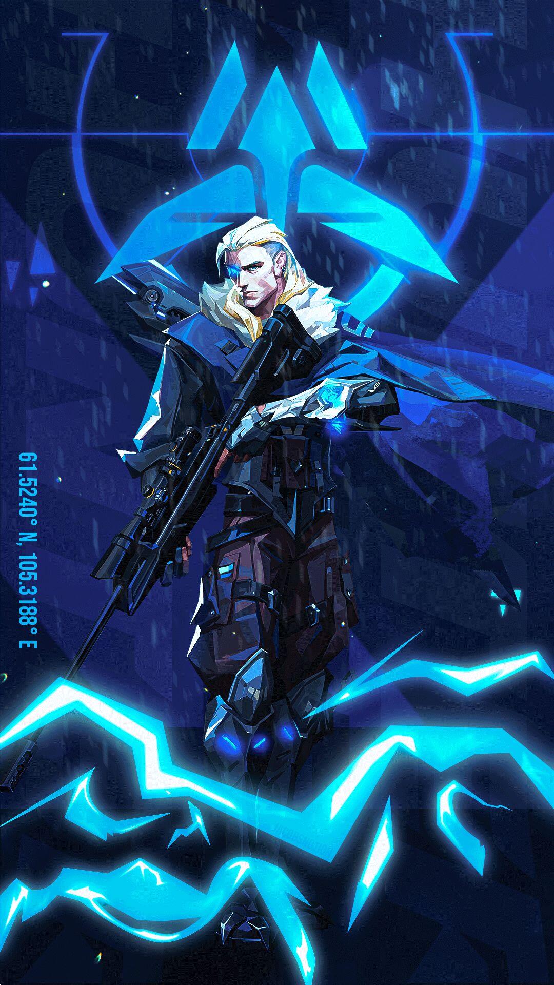 iPhone wallpaper of Sova from the video game Valorant — blue-toned stylized portrait, holding bow and rifle with glowing rune and electric accents.