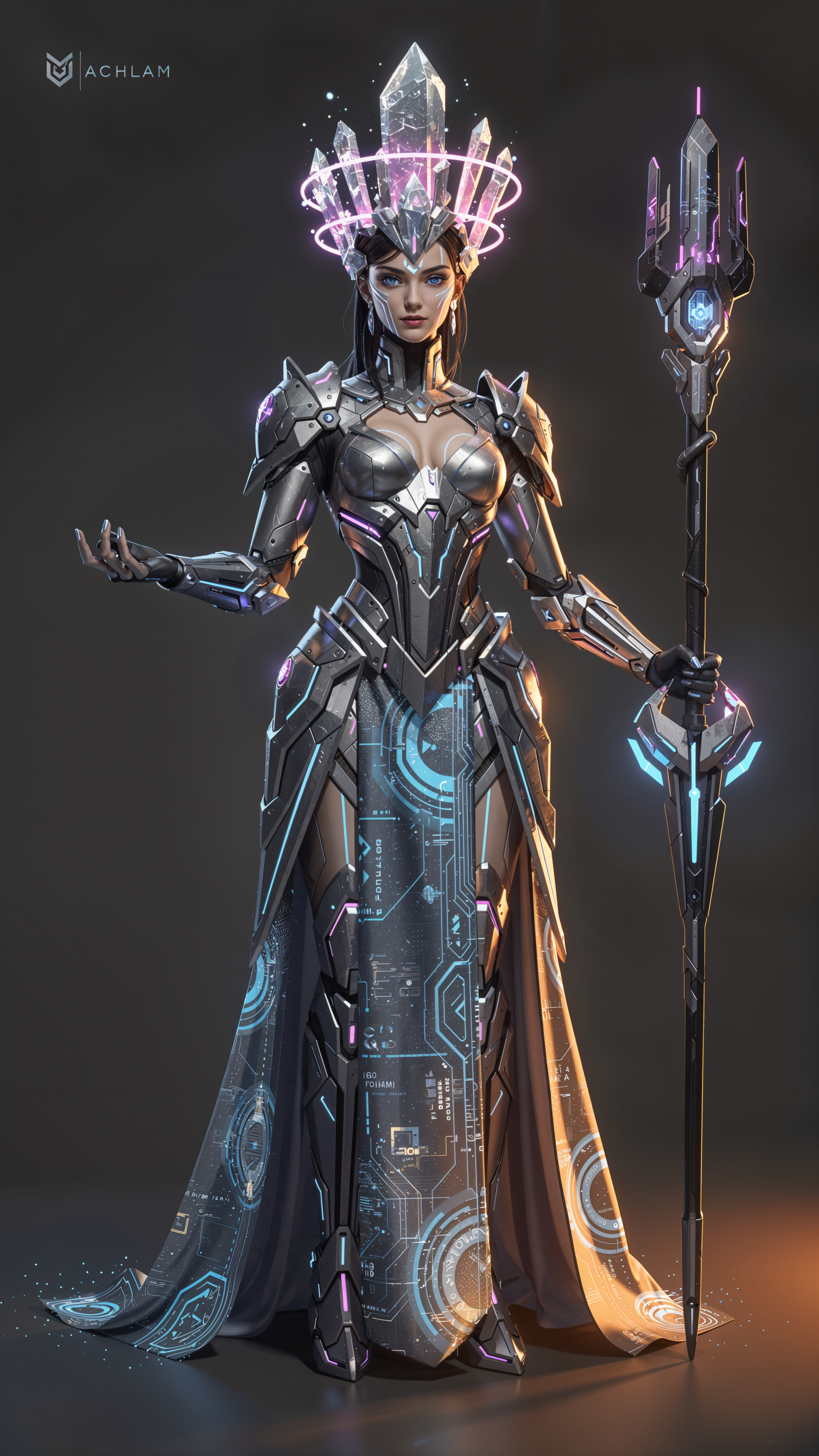iPhone wallpaper: a sci‑fi queen in sleek armor with a crystalline halo crown, holding a glowing tech staff; circuit‑patterned gown against a dark backdrop.