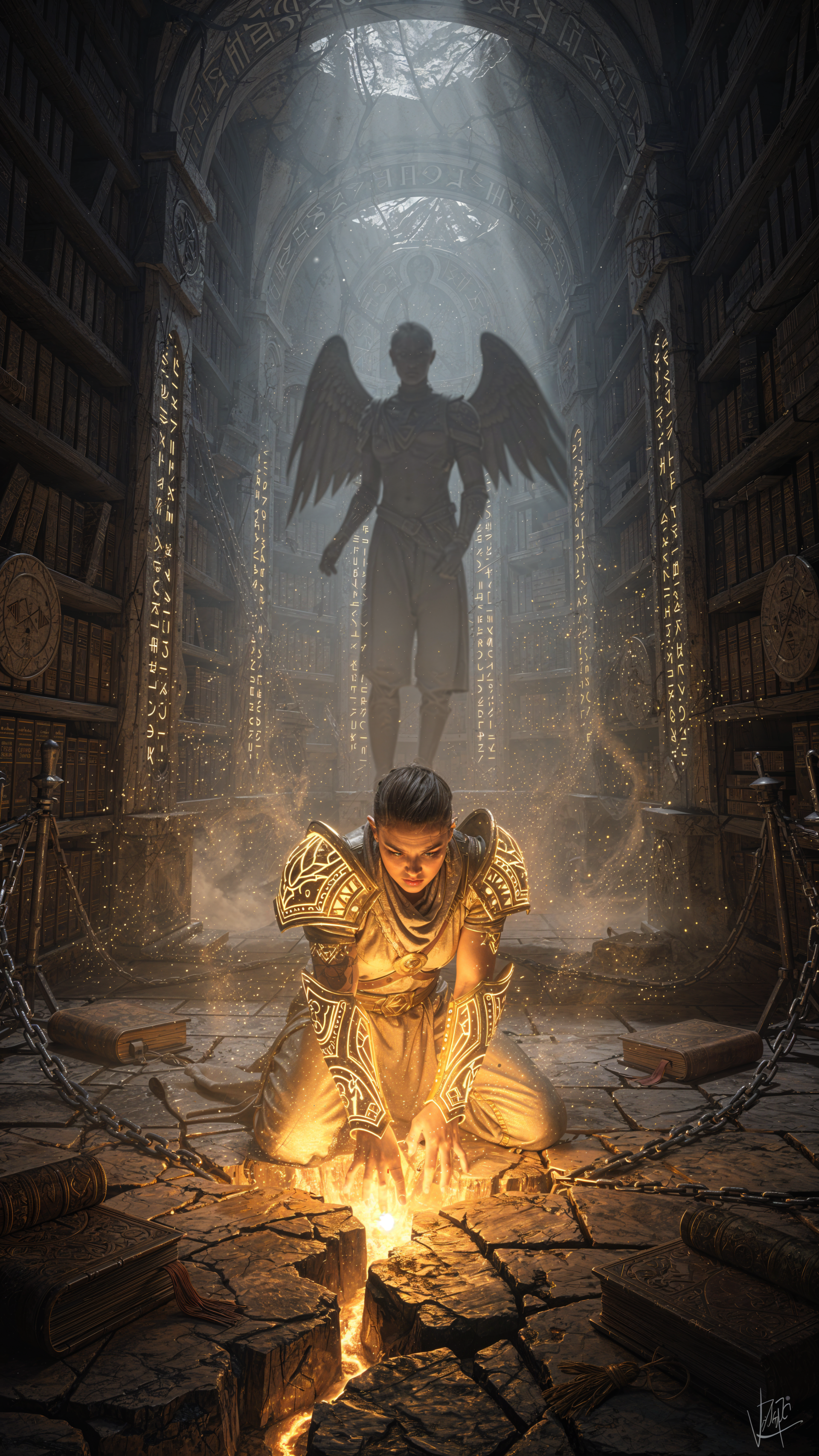 iPhone wallpaper: a kneeling cleric in ornate armor channels a golden light from cracked stone in a towering library, while an imposing angelic shadow stands behind.