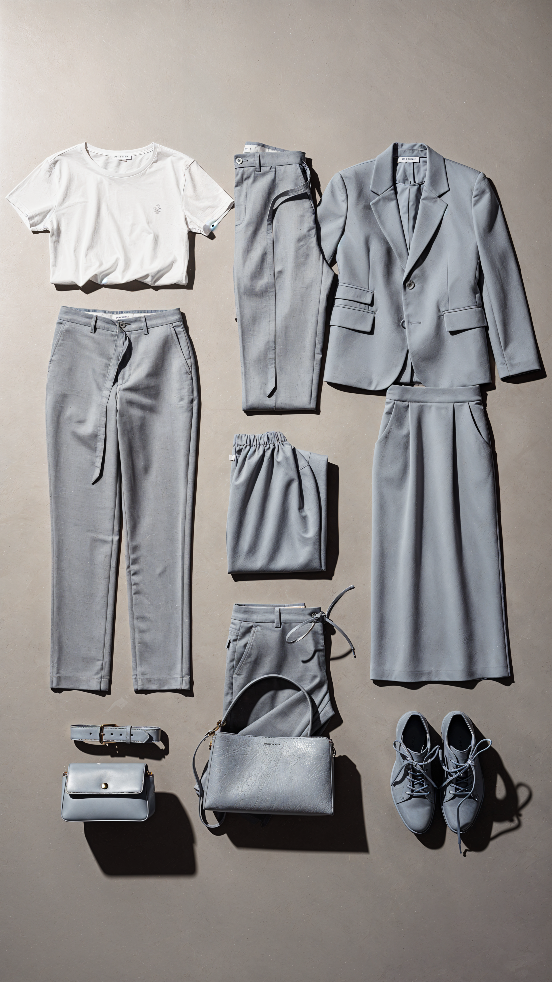 iPhone wallpaper flatlay of a capsule wardrobe: light gray blazer, trousers, skirt, cropped tee, bag, belt and sneakers on a neutral backdrop.