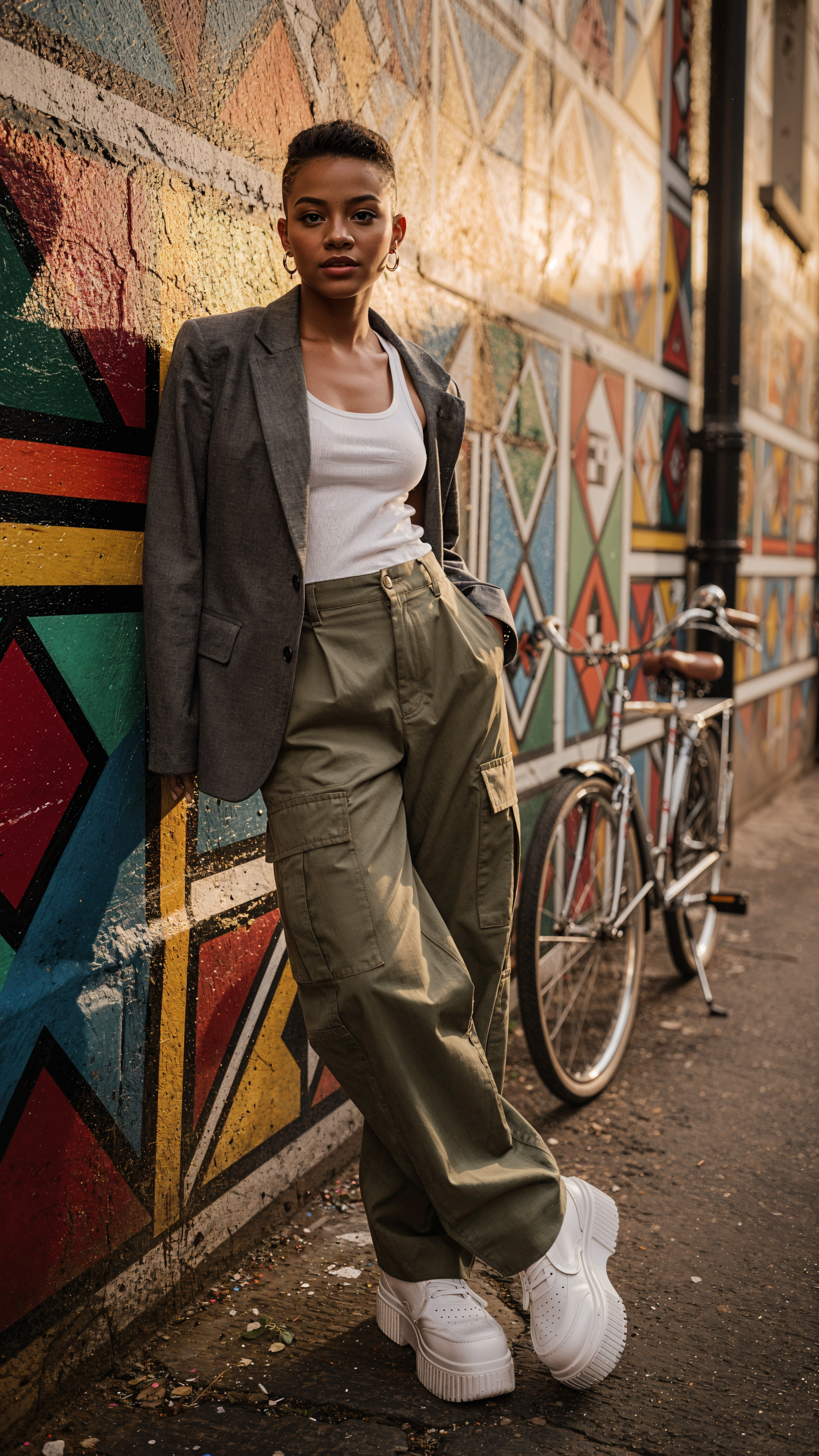iPhone wallpaper of a person in a trendy outfit—gray blazer, white tank, olive cargo pants and chunky white platform sneakers—leaning against a colorful geometric mural beside a bicycle