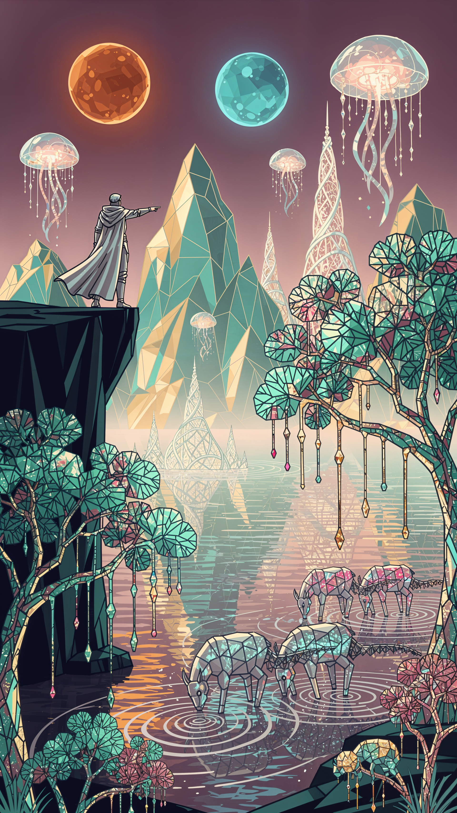 iPhone wallpaper of an alien world: cloaked figure on a cliff overlooks crystalline peaks, floating jellyfish, three moons, and gem-like creatures wading in a glowing lake.