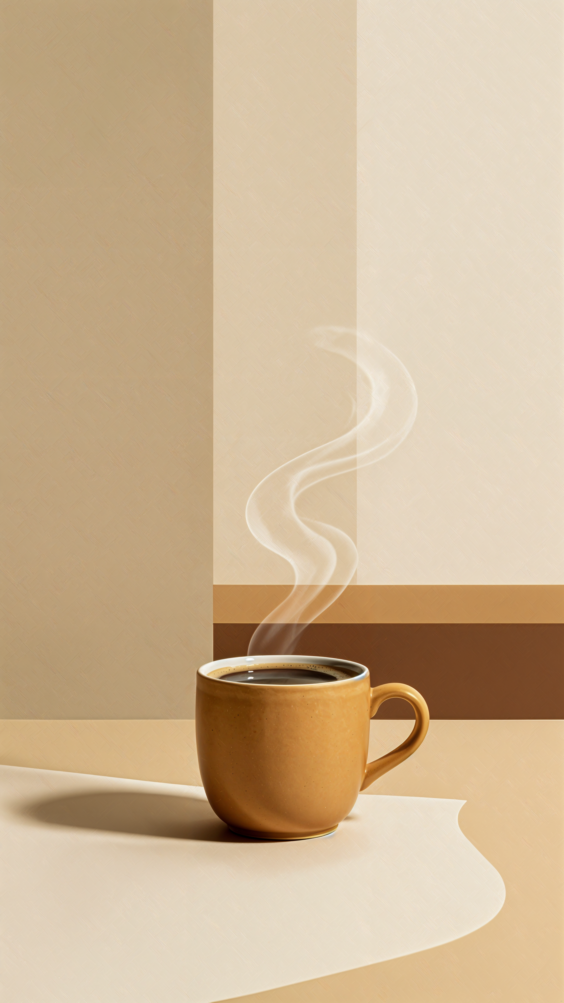 iPhone wallpaper: minimalist steaming coffee cup on a beige and brown geometric background.