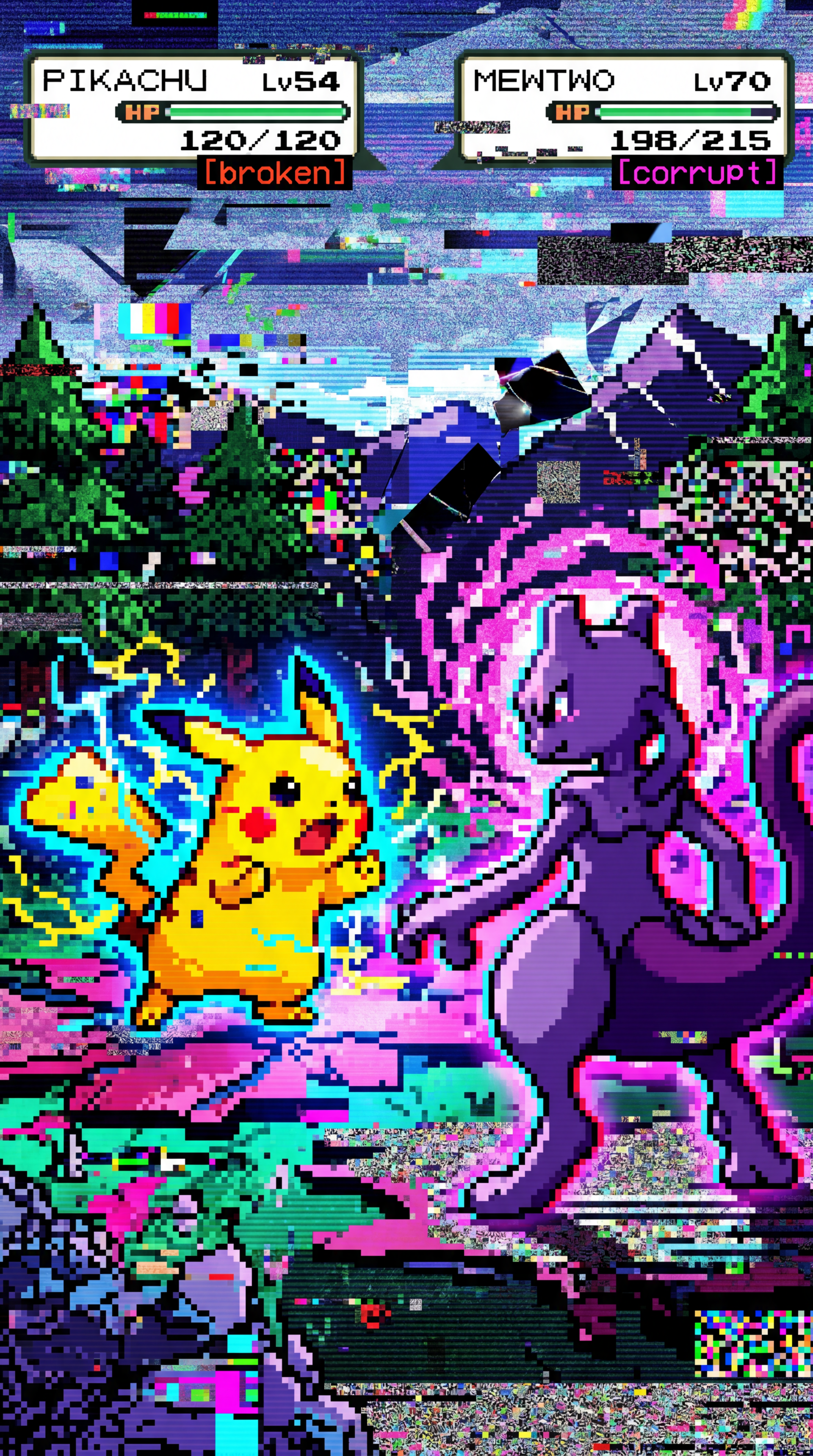 Glitch-art Pokémon iPhone wallpaper: pixelated Pikachu and Mewtwo clash in neon, corrupted battle screen with HP bars and status labels 'broken' and 'corrupt' amid static.
