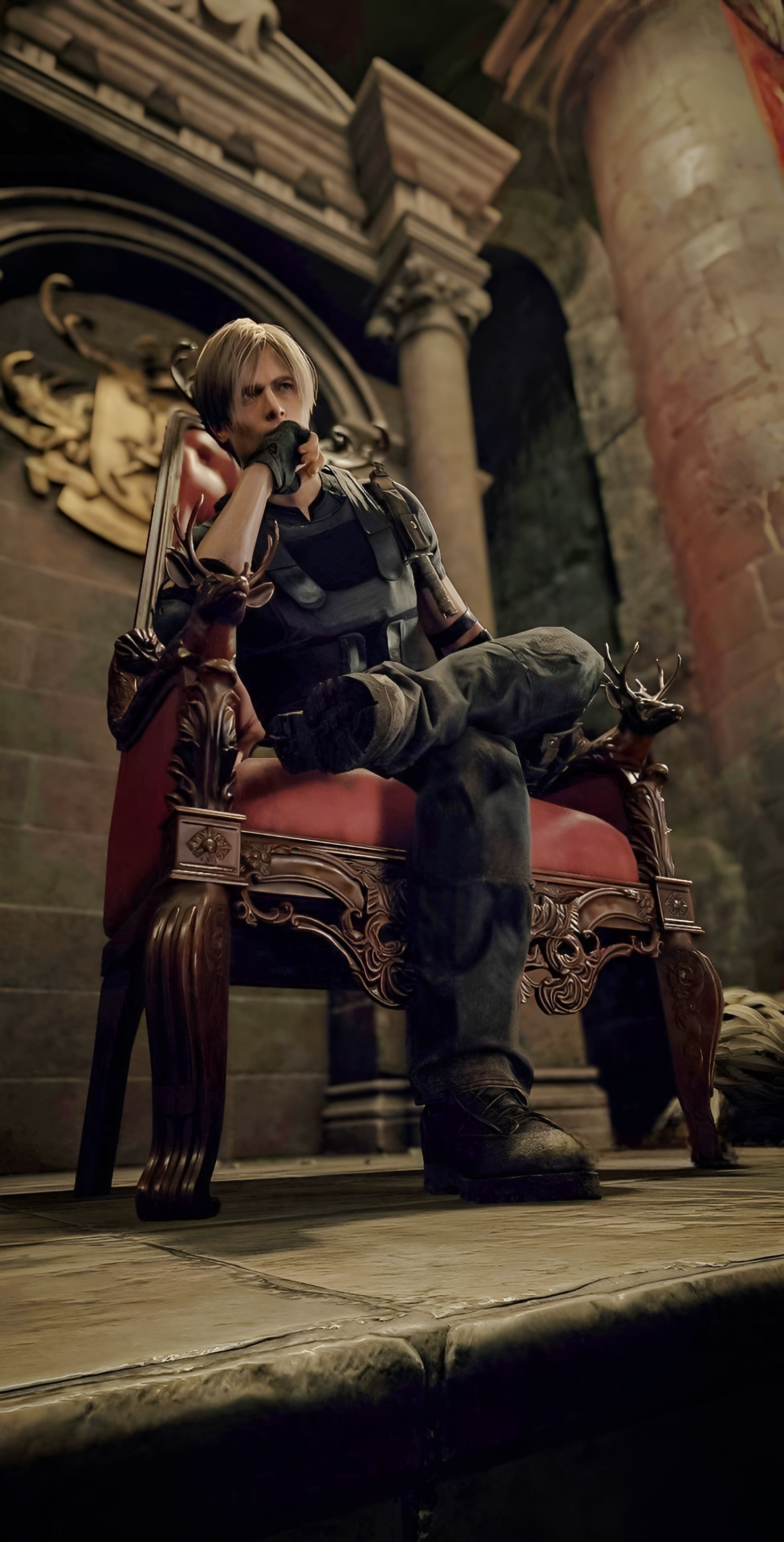 Phone wallpaper of Leon S. Kennedy (Resident Evil 4): seated on an ornate throne in a dim gothic hall, wearing tactical gear and striking a brooding pose.