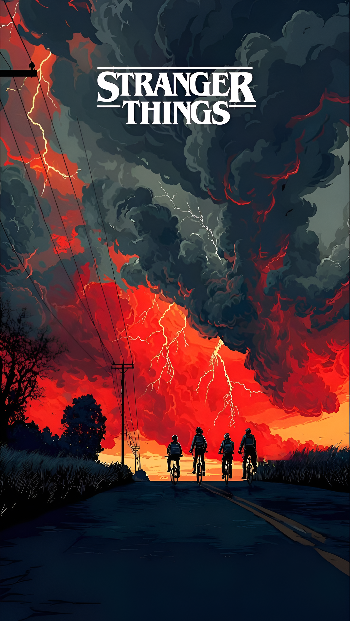 iPhone wallpaper for the TV show Stranger Things: four kids on bikes silhouetted against a fiery, storm-filled sky with lightning and the show logo.