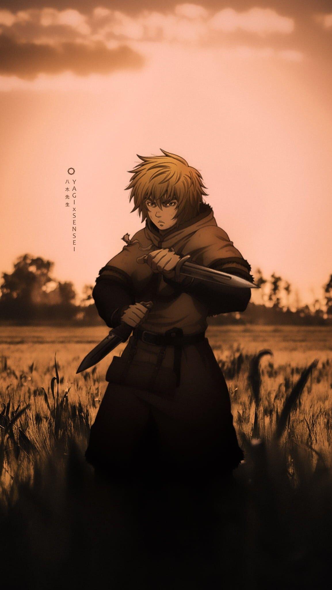 iPhone wallpaper of Thorfinn (Vinland Saga): anime-style dusk scene, standing in a field clutching two knives, determined expression under an orange sky.