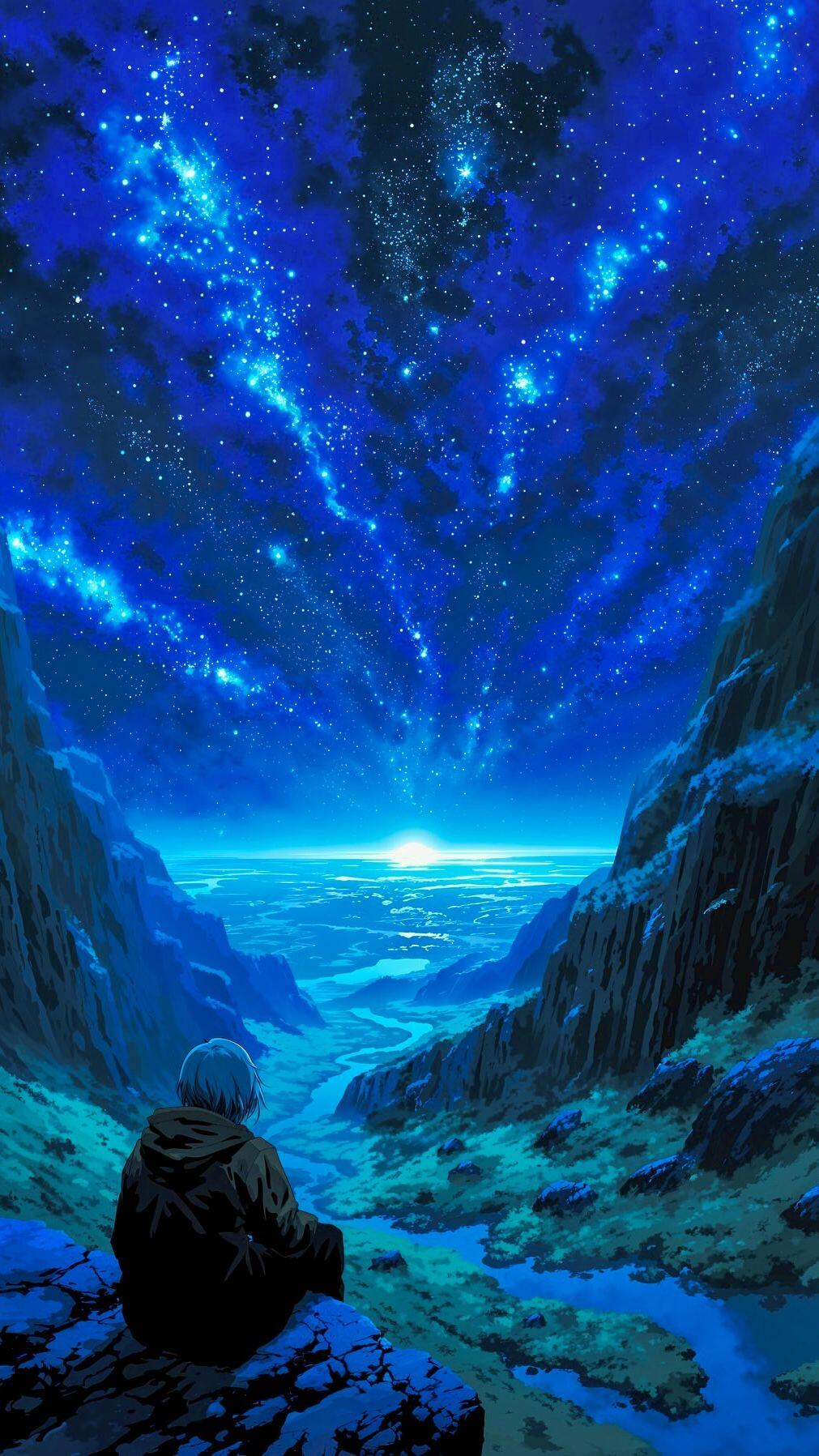 iPhone wallpaper: Thorfinn (Vinland Saga) sits on a cliff, gazing over a winding valley to the sea beneath a vivid, star-filled blue anime landscape sky.
