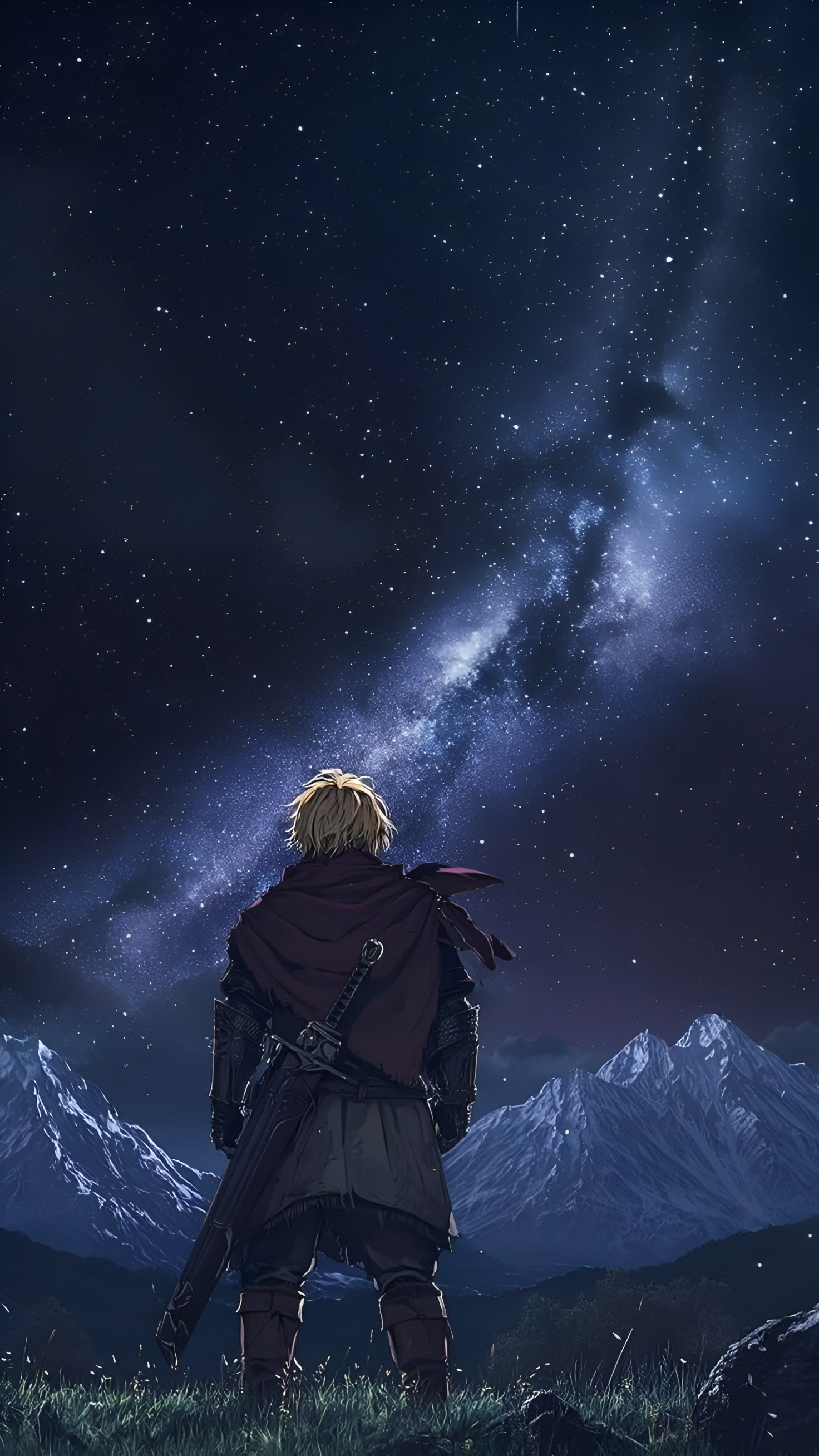 Anime iPhone wallpaper: Thorfinn (Vinland Saga) stands with sword, back to viewer, gazing at a Milky Way night sky above snow-capped mountains.