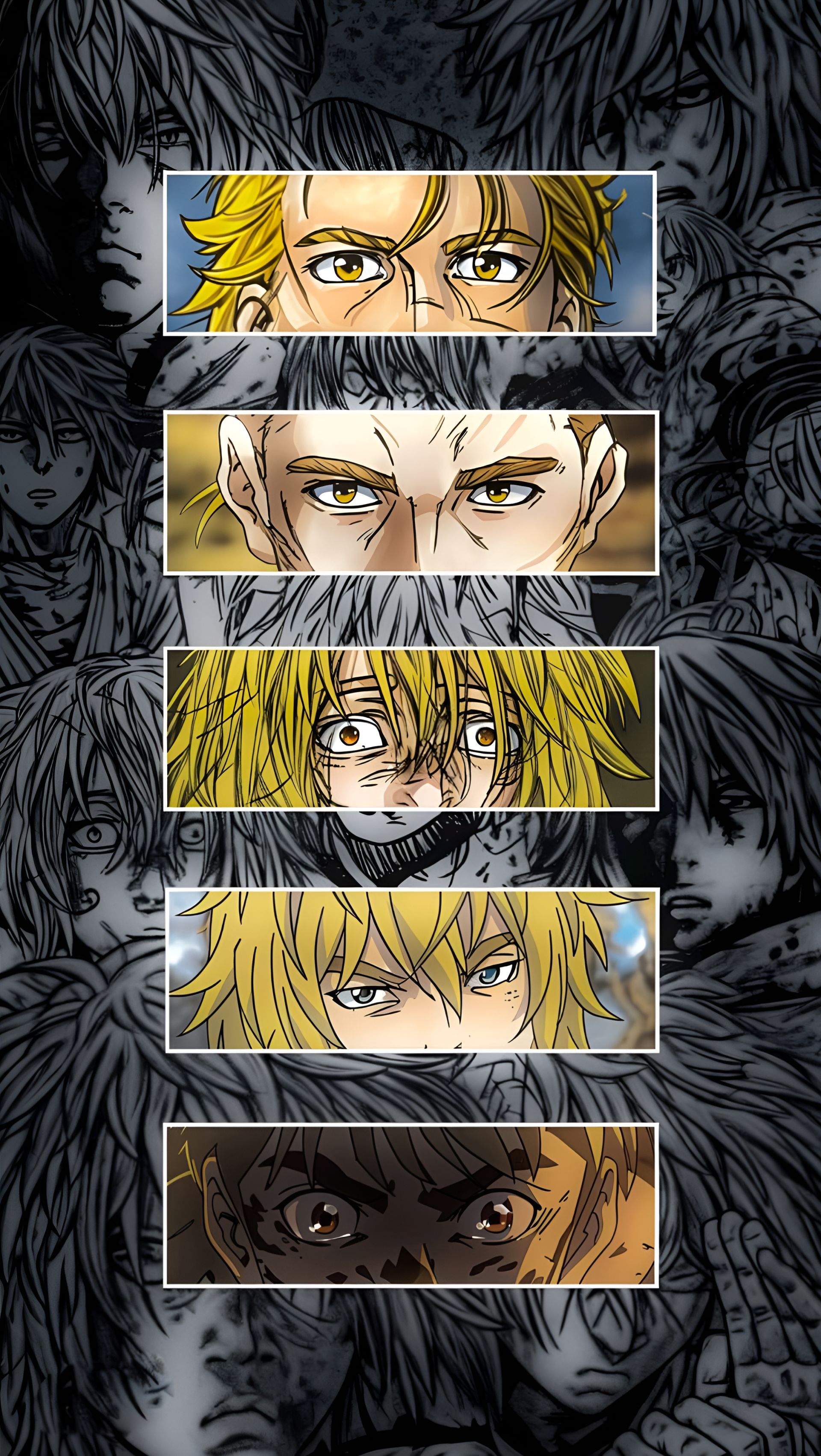 Manga iPhone wallpaper: stacked close-ups from Vinland Saga, featuring Thorfinn and other characters' intense anime-style eyes.