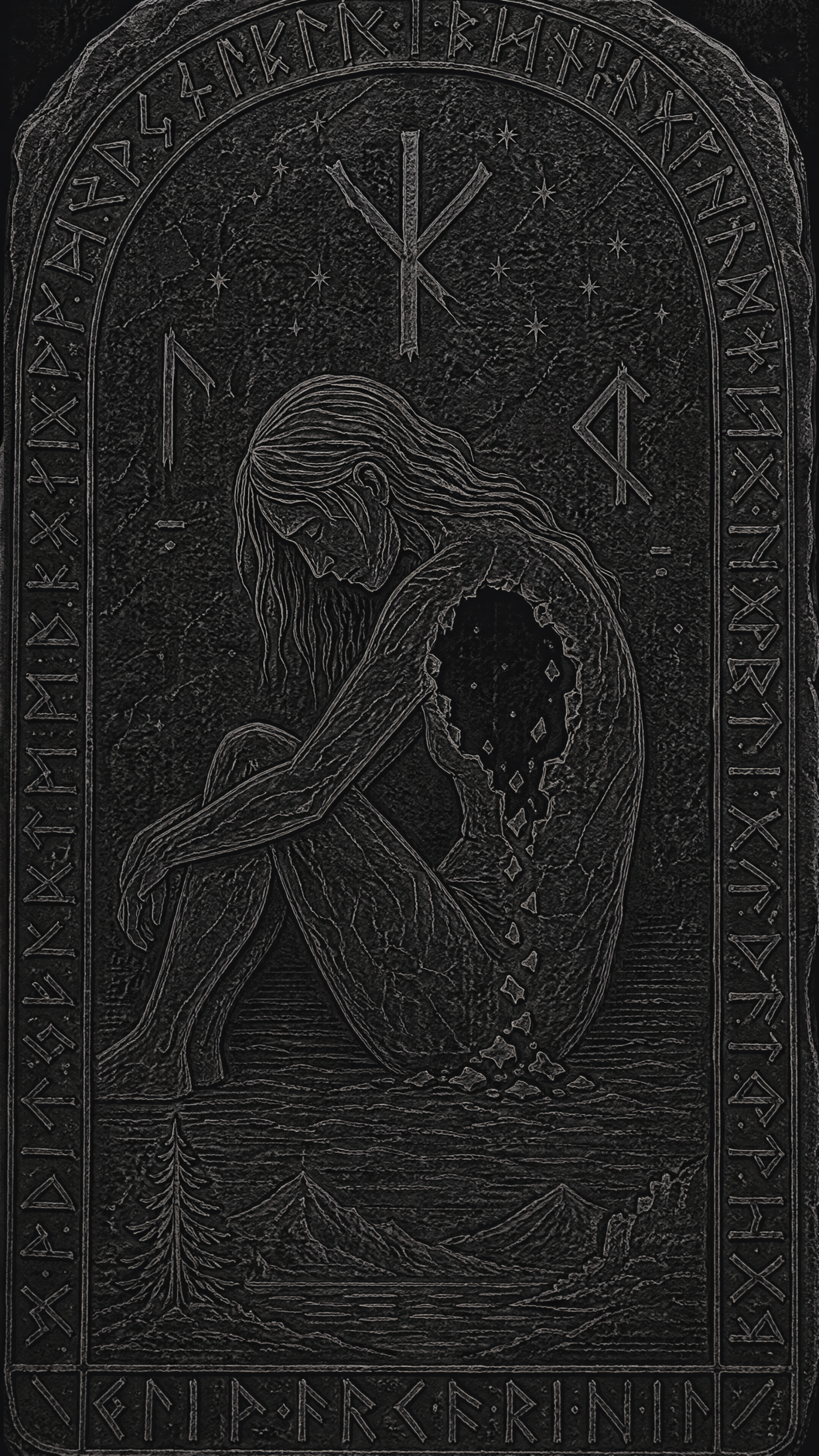 Dark iPhone wallpaper: carved monochrome illustration of a seated woman with a crumbling, hollow torso, framed by runes and a mountain landscape, tagged empty inside.