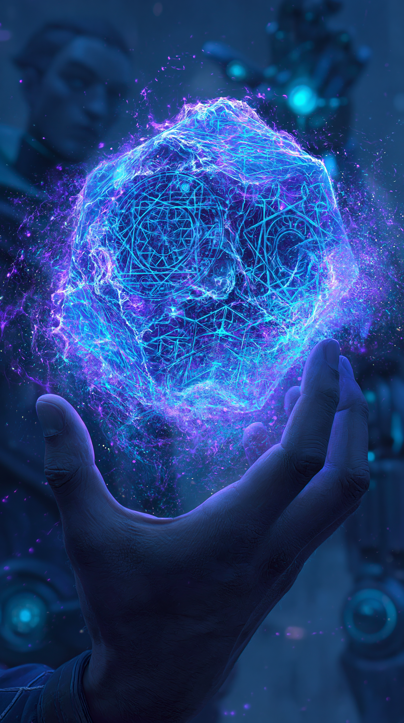 Arcane TV show wallpaper: a hand holds a glowing blue-purple hexcore orb of swirling circuitry and sparks, blurred lab figures and machinery behind.