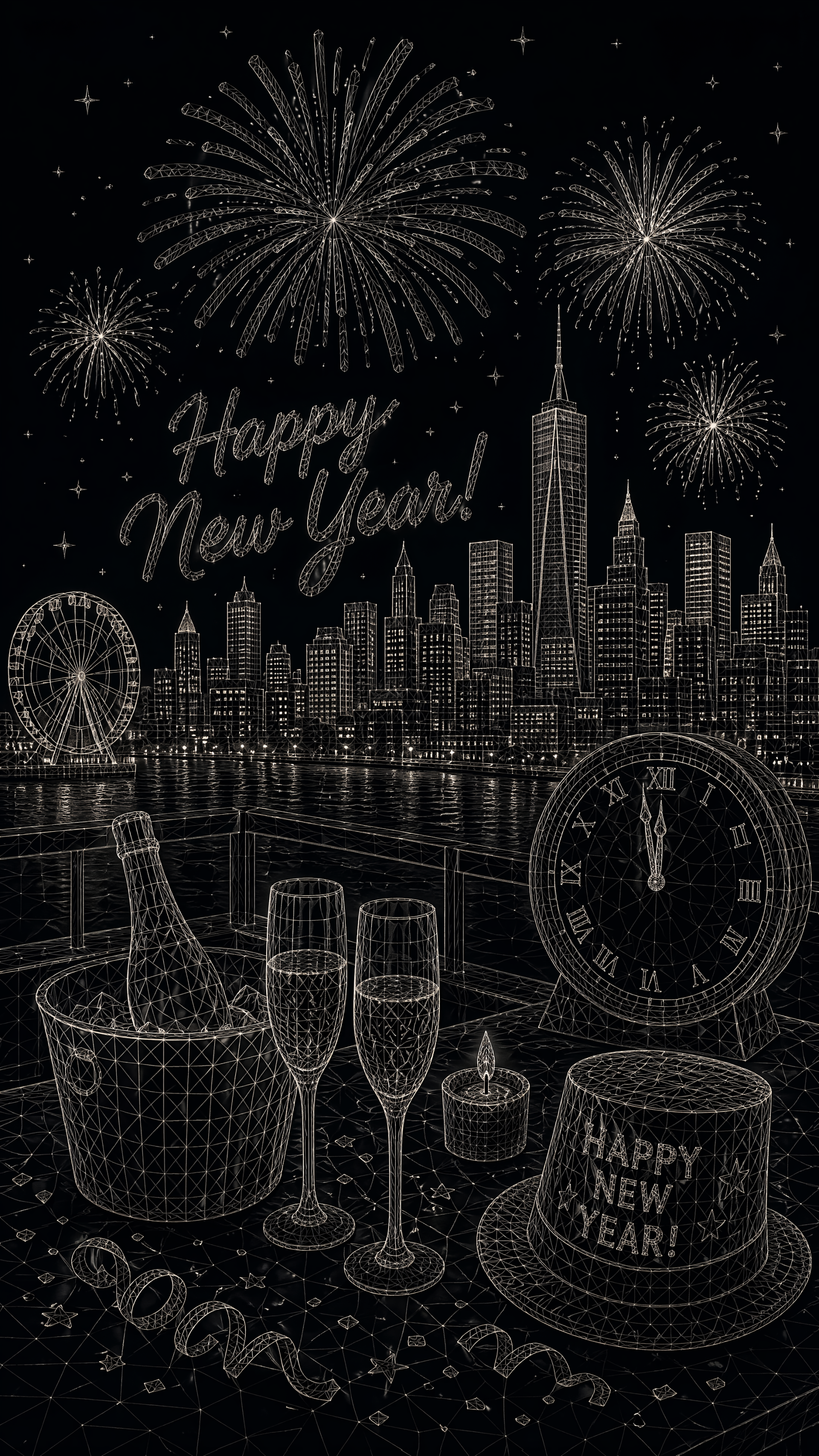 iPhone wallpaper: glittering New Year's Eve skyline with fireworks and Happy New Year! script, champagne and glasses on a railing, clock striking midnight, festive mood.