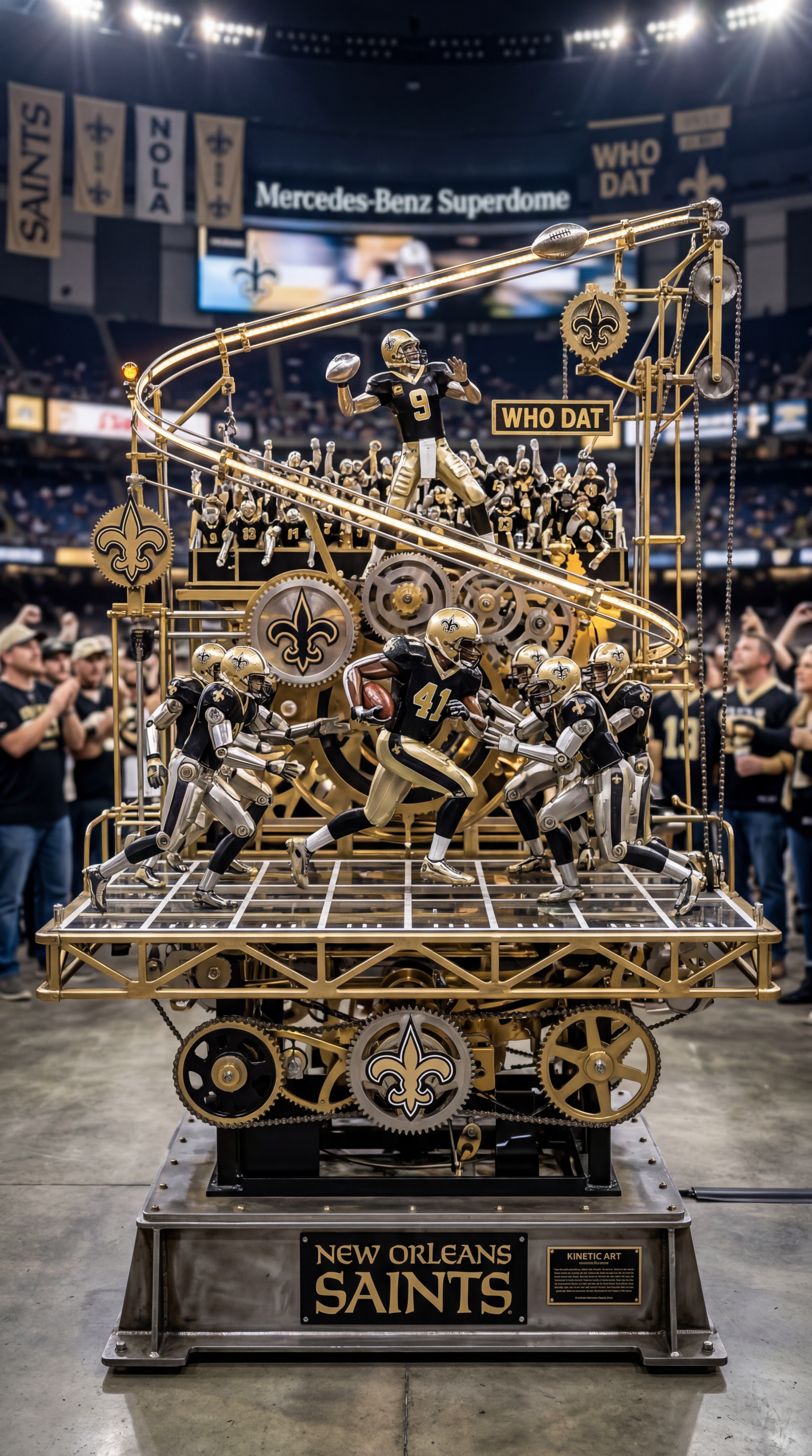Gold-and-black New Orleans Saints mechanical sculpture of players and fleur-de-lis with Who Dat signage in the Mercedes‑Benz Superdome, styled as an iPhone wallpaper.