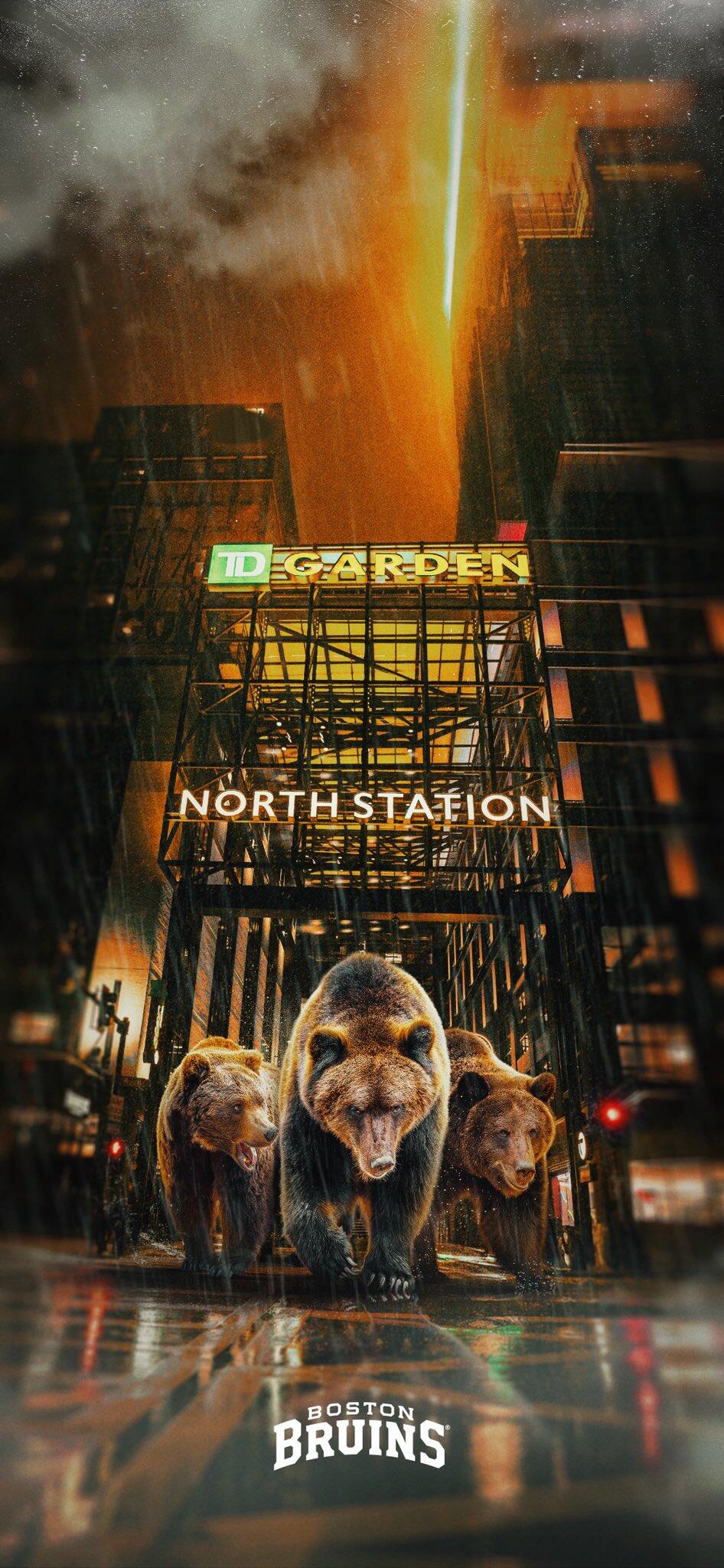 iPhone wallpaper: three grizzly bears charging past North Station under TD Garden signage, moody hockey-themed Boston Bruins design.