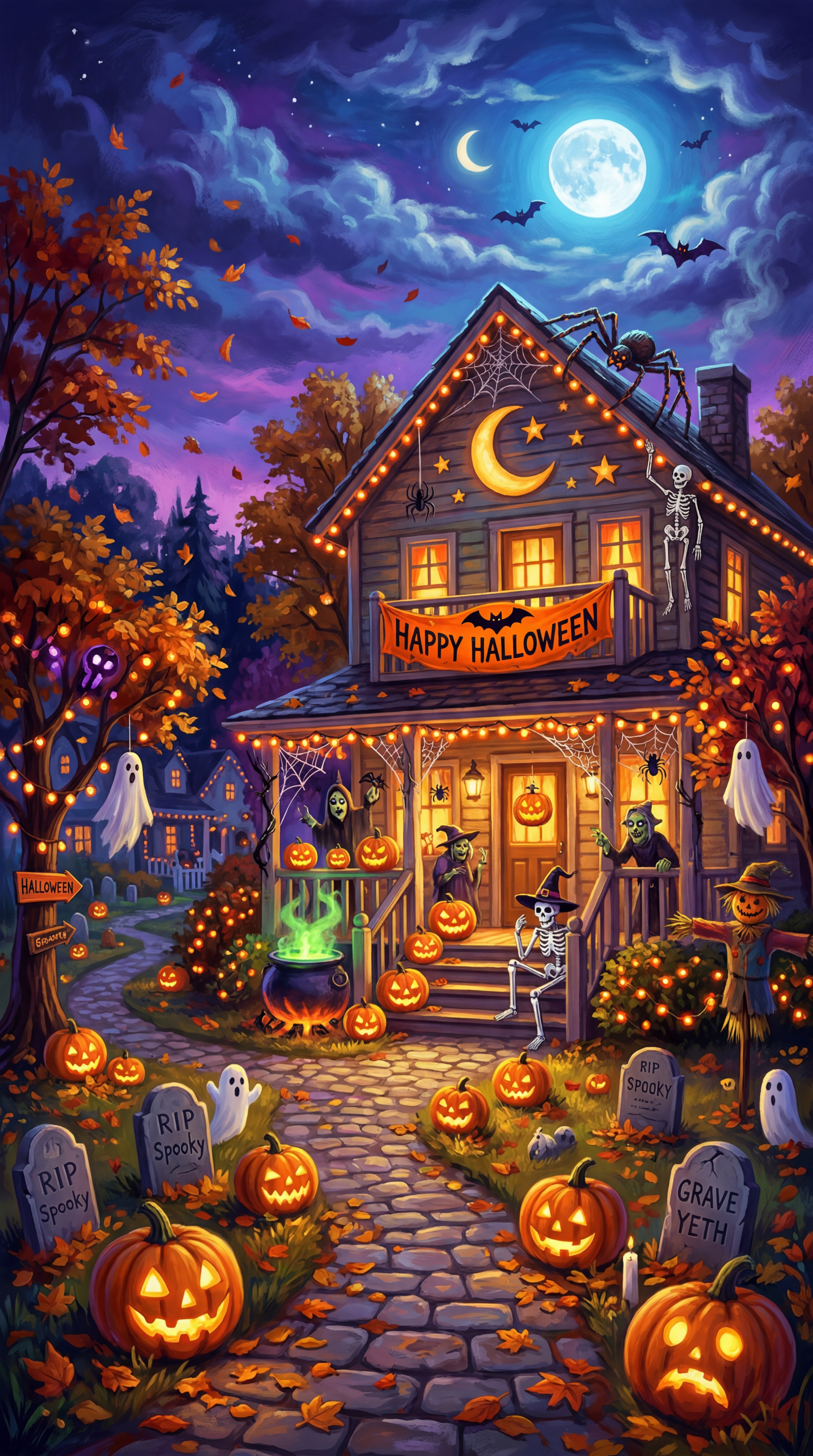 iPhone wallpaper of a festive Halloween house with a Happy Halloween banner, glowing jack-o'-lanterns, ghosts, a skeleton, tombstones, a bubbling cauldron, bats and a full moon.