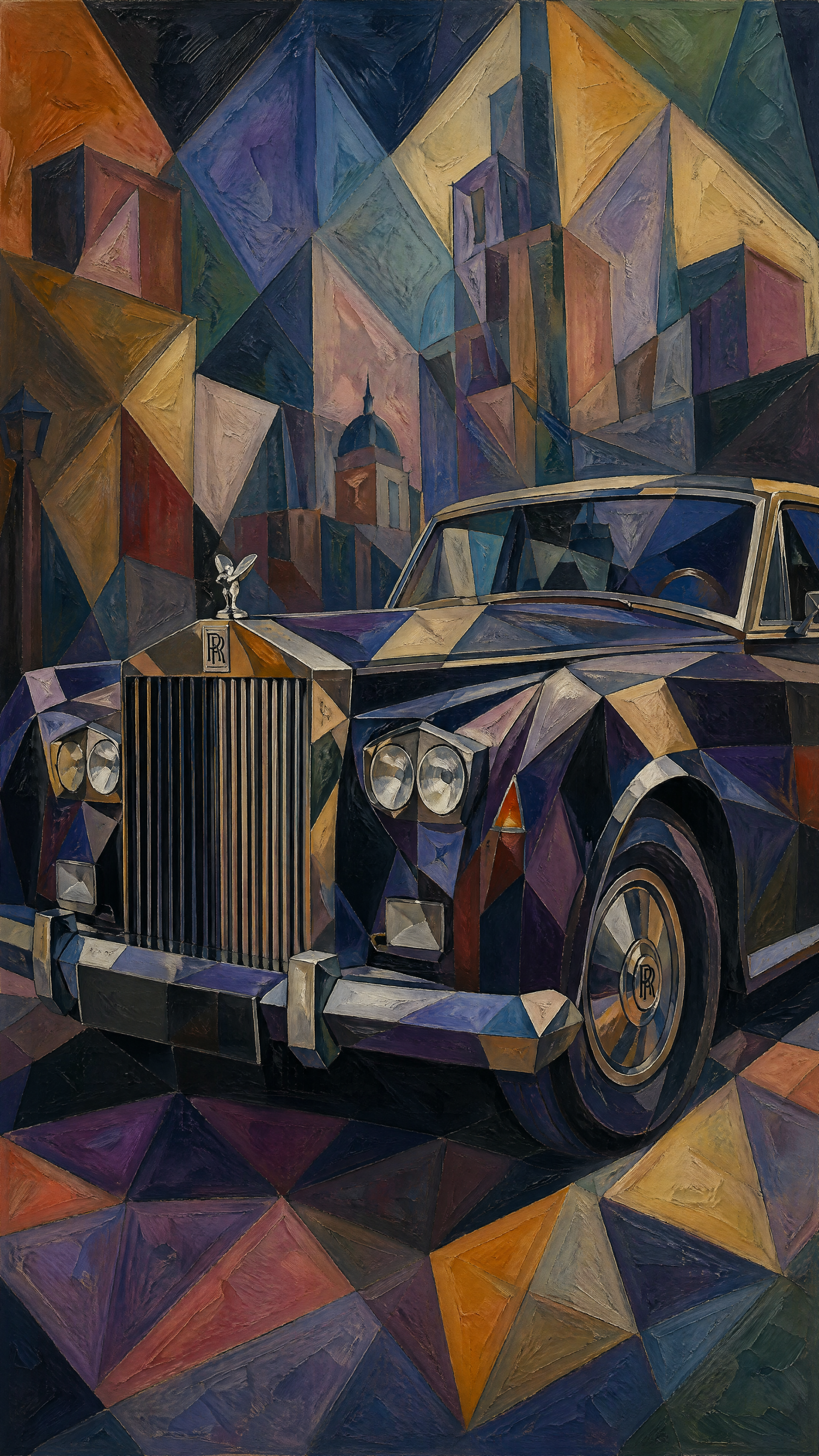 Cubist-style Rolls-Royce front three-quarter with Spirit of Ecstasy and geometric cityscape background — vertical iPhone wallpaper.