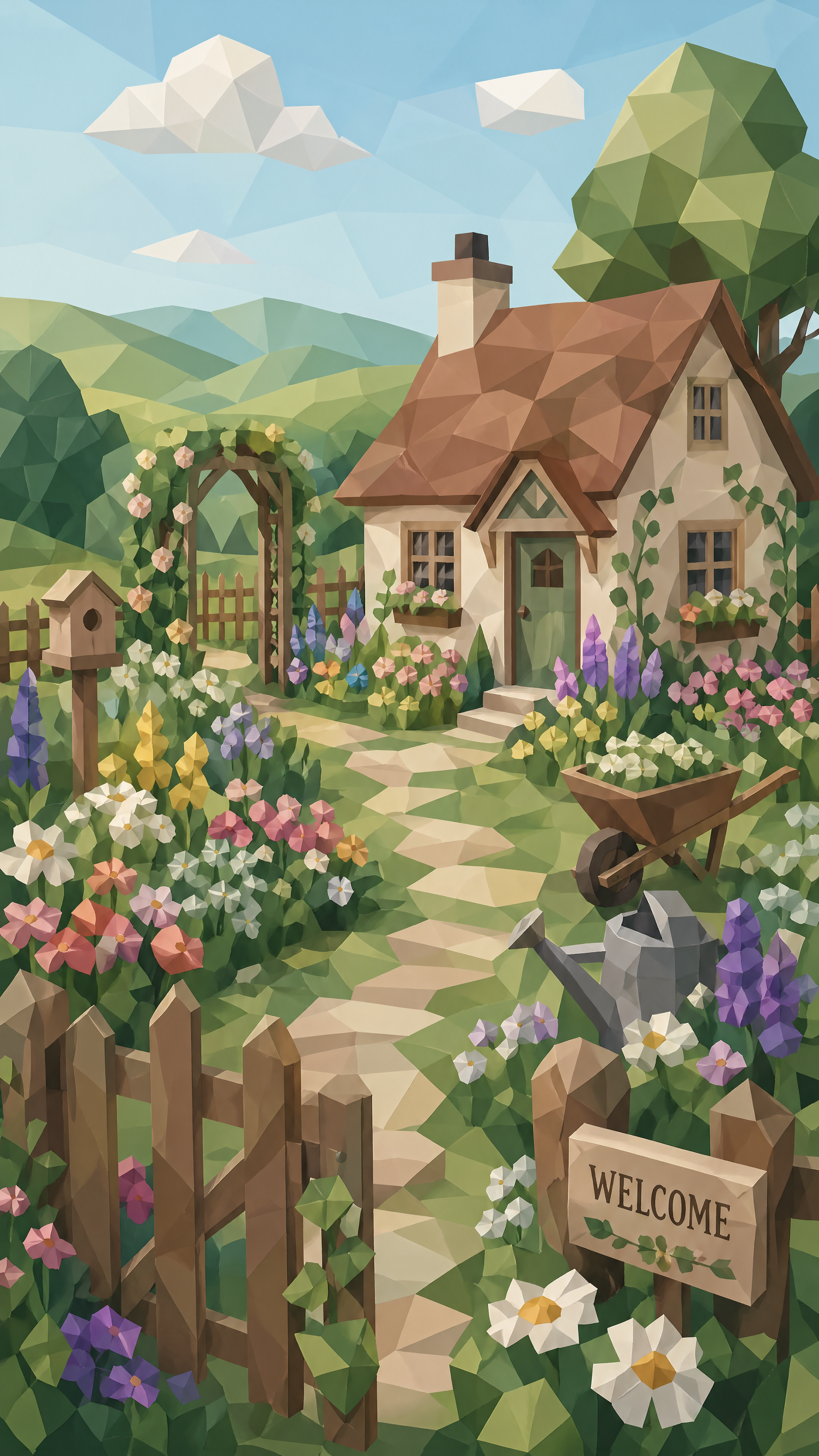 Cottagecore garden phone wallpaper showing a cozy cottage, winding stone path, colorful flower beds, picket fence, wheelbarrow and 'Welcome' sign beneath sunny hills.
