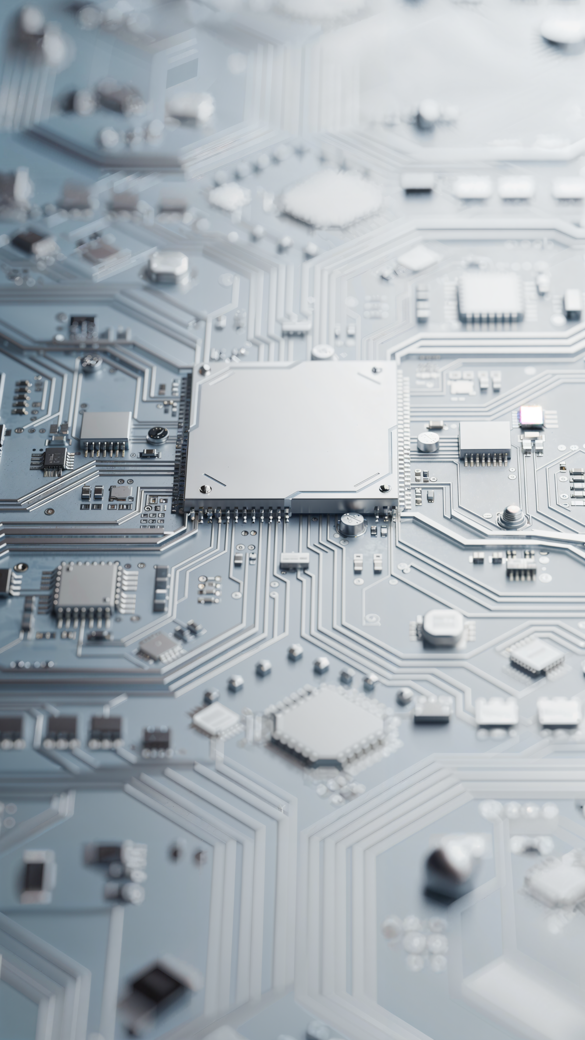 Vertical iPhone wallpaper showing a close-up silver circuit board pattern with a central microchip and intricate conductive traces.
