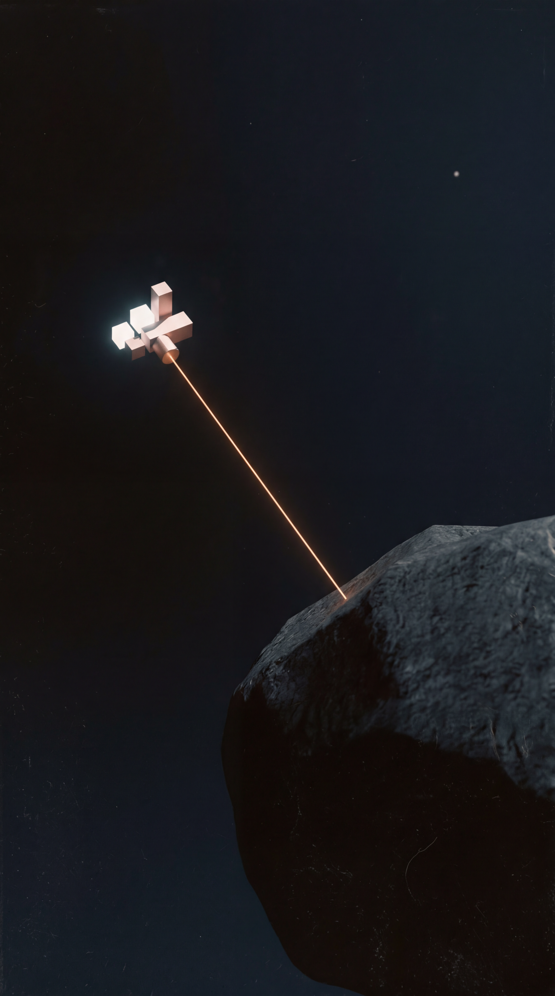 iPhone wallpaper showing a space-mining drone firing an orange laser into a rocky asteroid against a dark starfield.