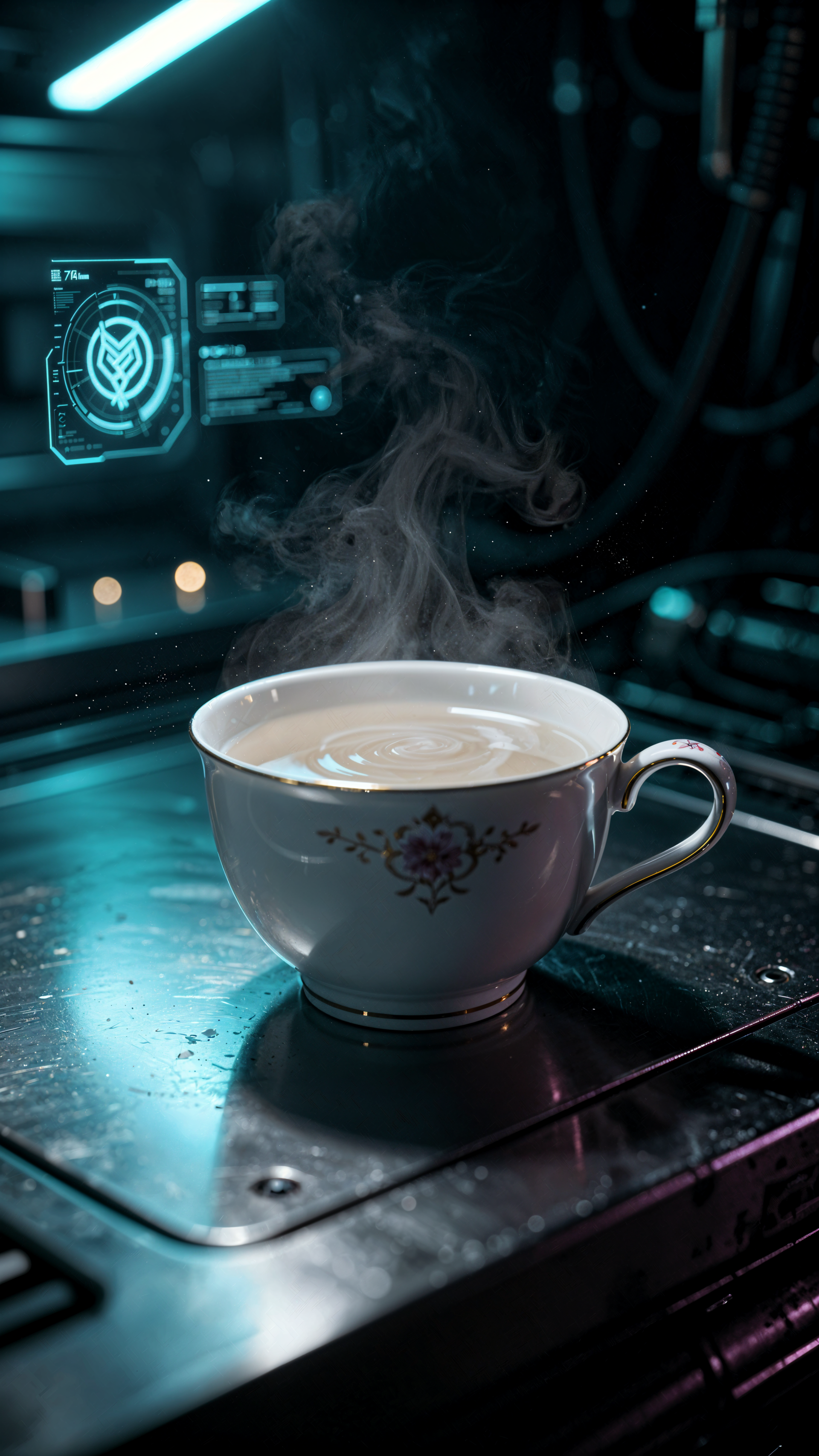 Steaming cup of white tea in a delicate porcelain teacup on a neon-lit sci‑fi console, moody cyberpunk iPhone wallpaper.