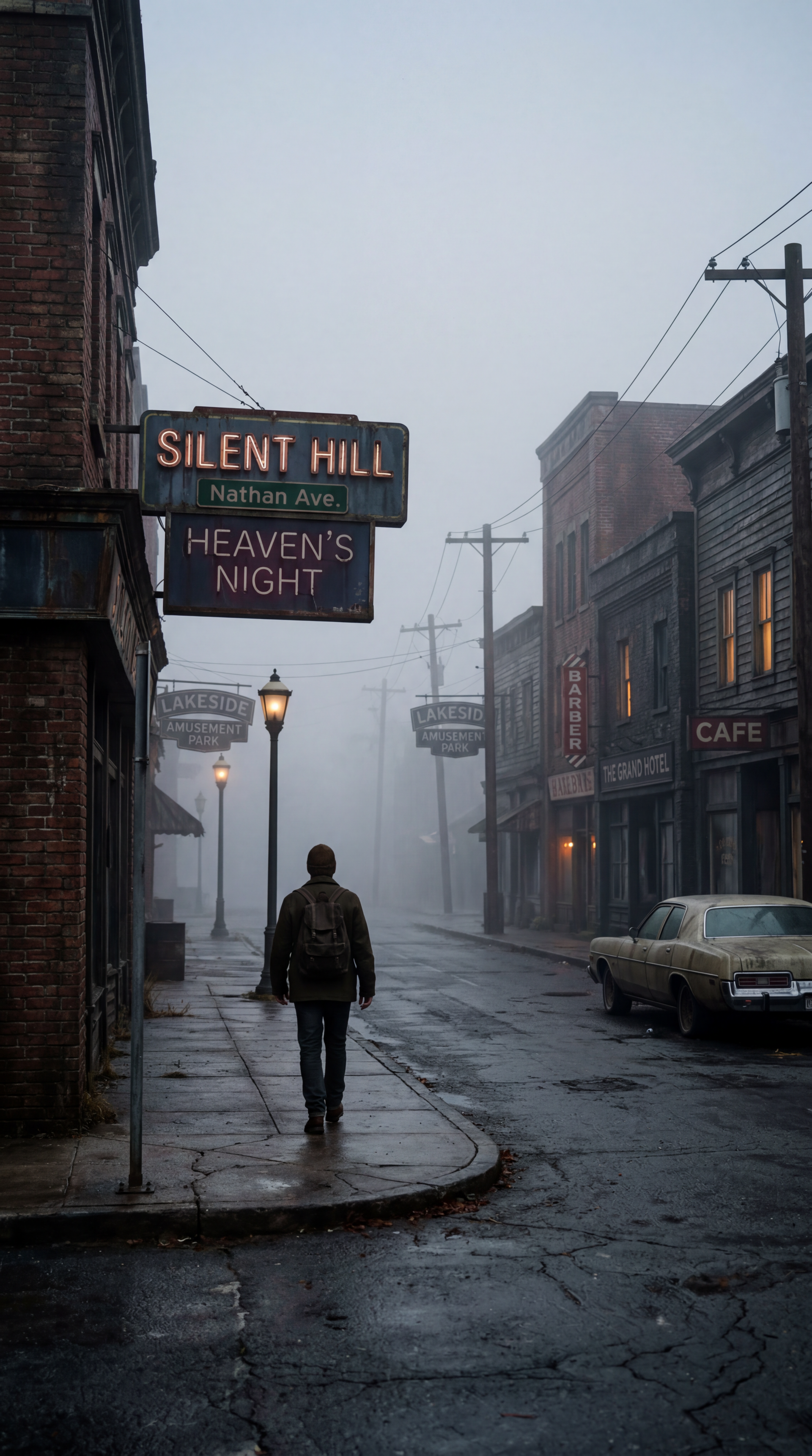 iPhone wallpaper: fog-shrouded Silent Hill street at dusk, lone figure walking beneath neon SILENT HILL and HEAVEN'S NIGHT signs, dim storefronts and a parked vintage car.