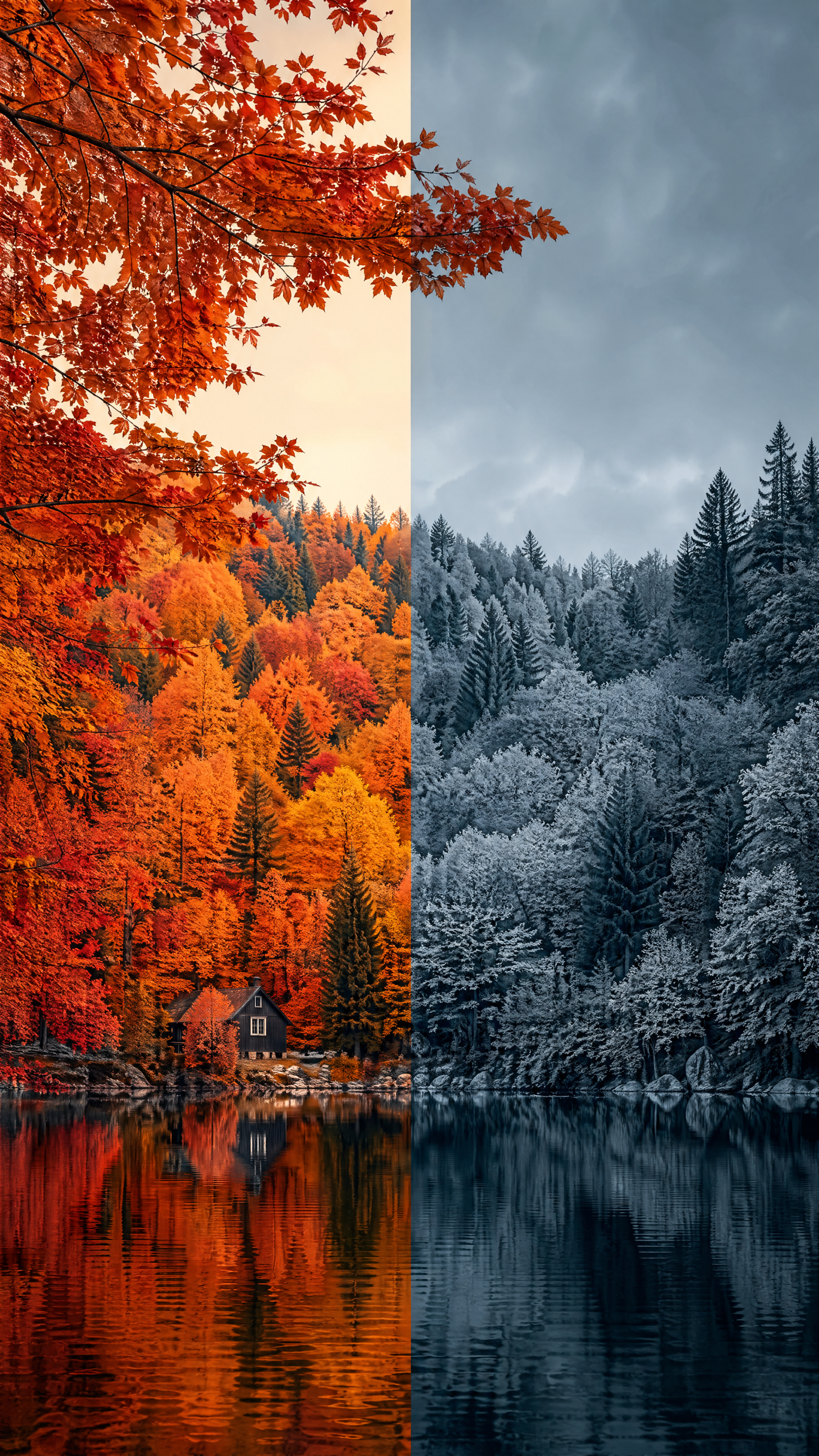 Vertical iPhone wallpaper showing split-scene fall foliage: left side vibrant red-orange forest and lakeside cabin reflected in water, right side cool desaturated blue-gray version of the same scene.