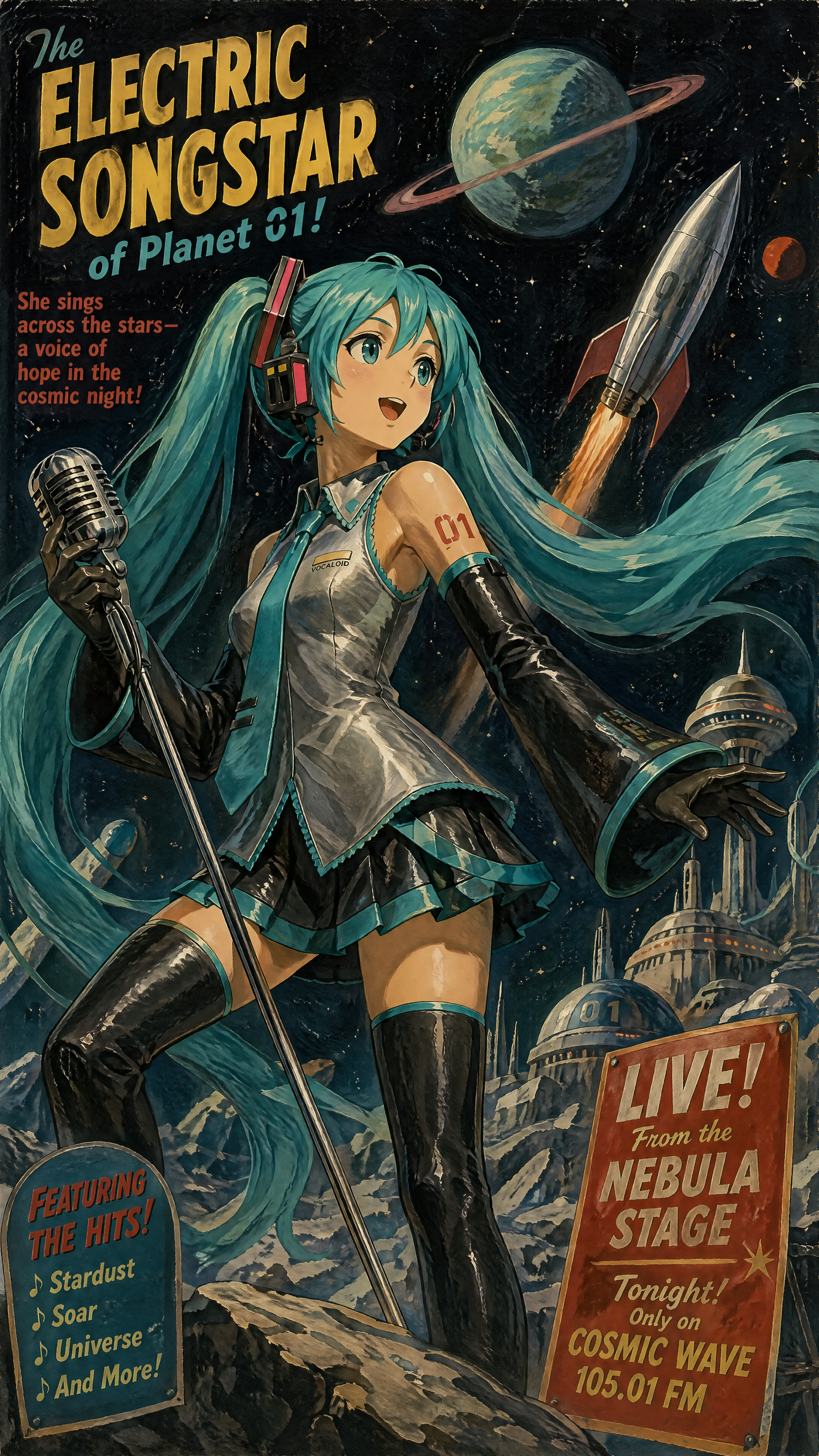 iPhone wallpaper: Retro sci-fi poster of Hatsune Miku singing in space, microphone in hand, rocket and planet backdrop with neon lettering and vintage concert signage.