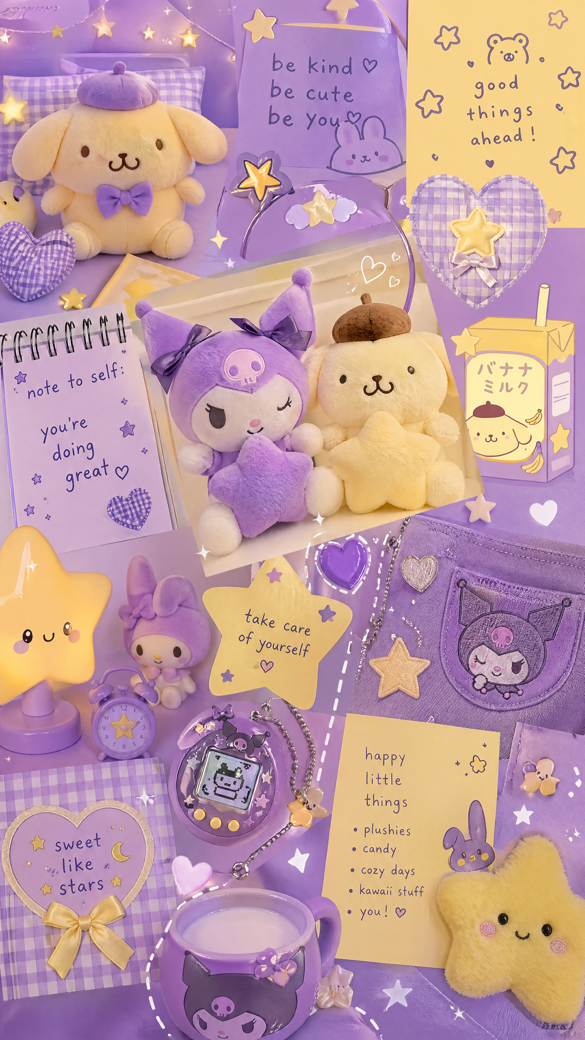 Cutecore phone/iPhone wallpaper: pastel purple and yellow collage of kawaii plushies, star motifs, hearts, sparkles and handwritten notes saying be kind and you're doing great.