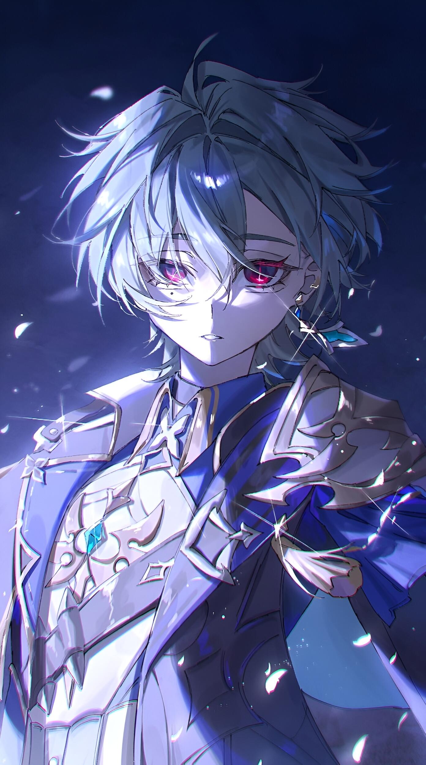 Vertical phone wallpaper of Lohen from the video game Genshin Impact: anime-style boy with silver hair, one red and one purple eye, ornate blue armor and drifting petals.