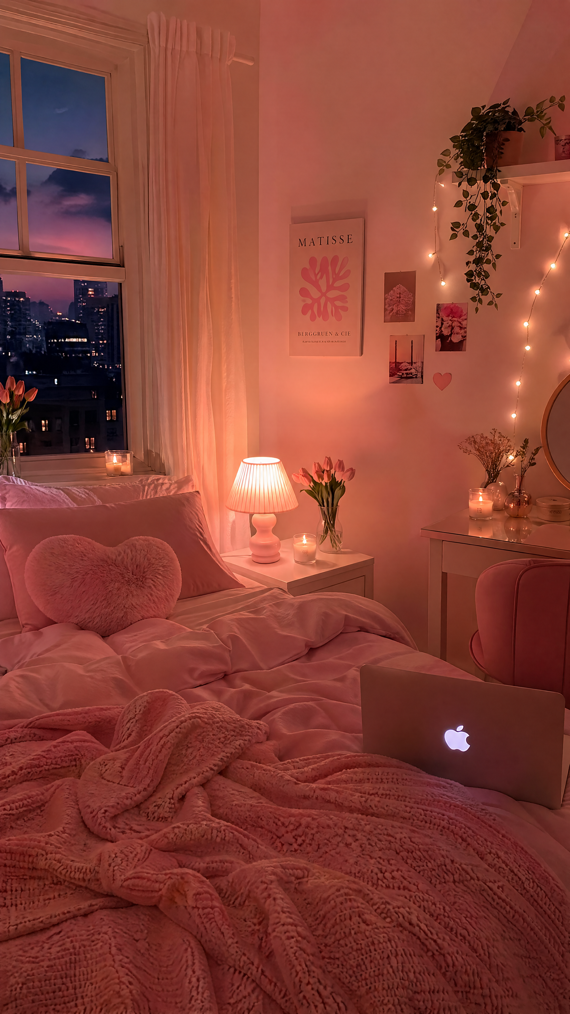 Pink iPhone wallpaper: cozy pink bedroom at dusk with plush bedding and heart pillow, glowing lamp, fairy lights, flowers, open laptop and city skyline visible through the window.