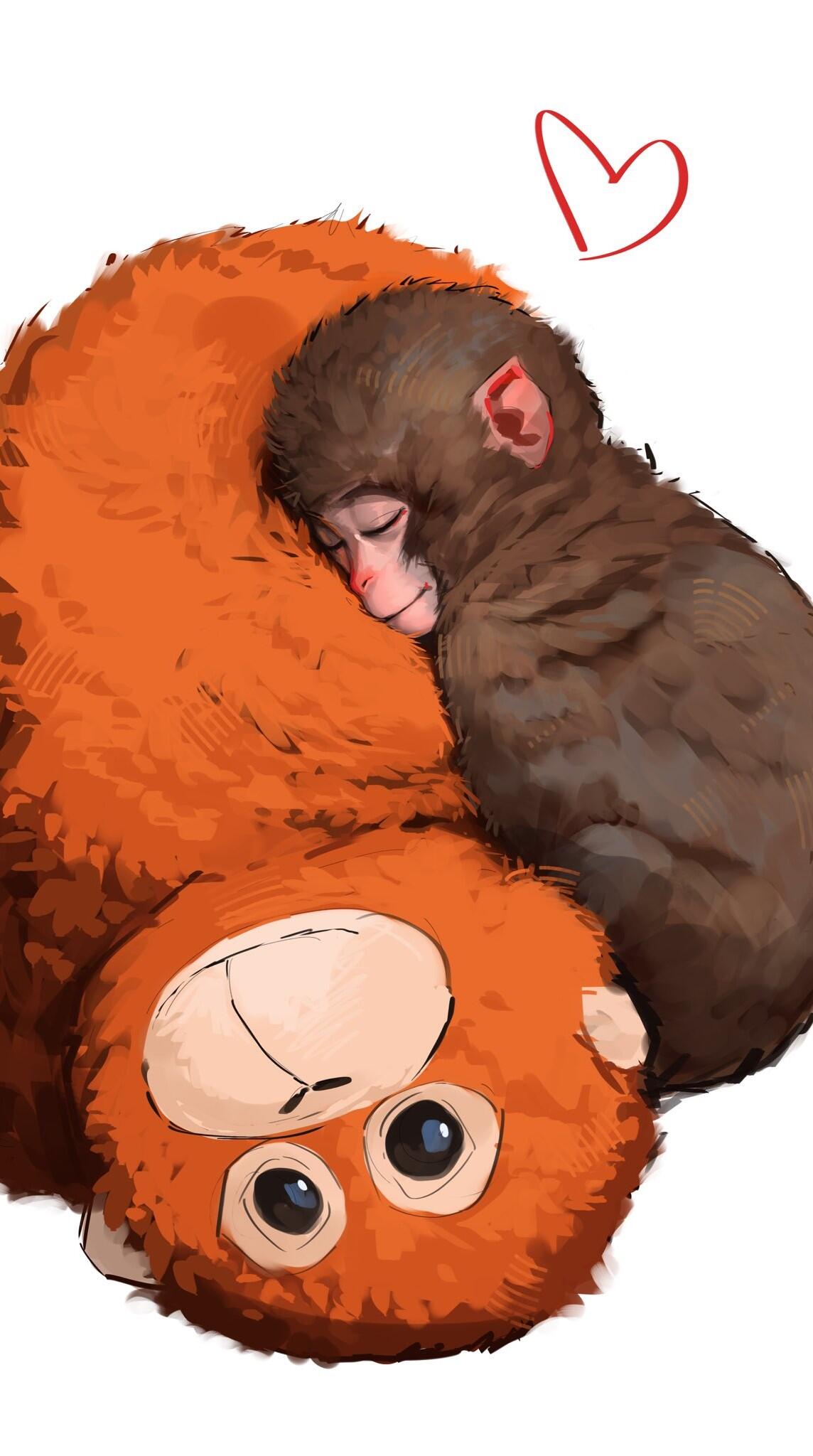 Cute digital illustration iPhone wallpaper of a baby monkey cuddled with an orange stuffed animal, a small heart doodle floating above.