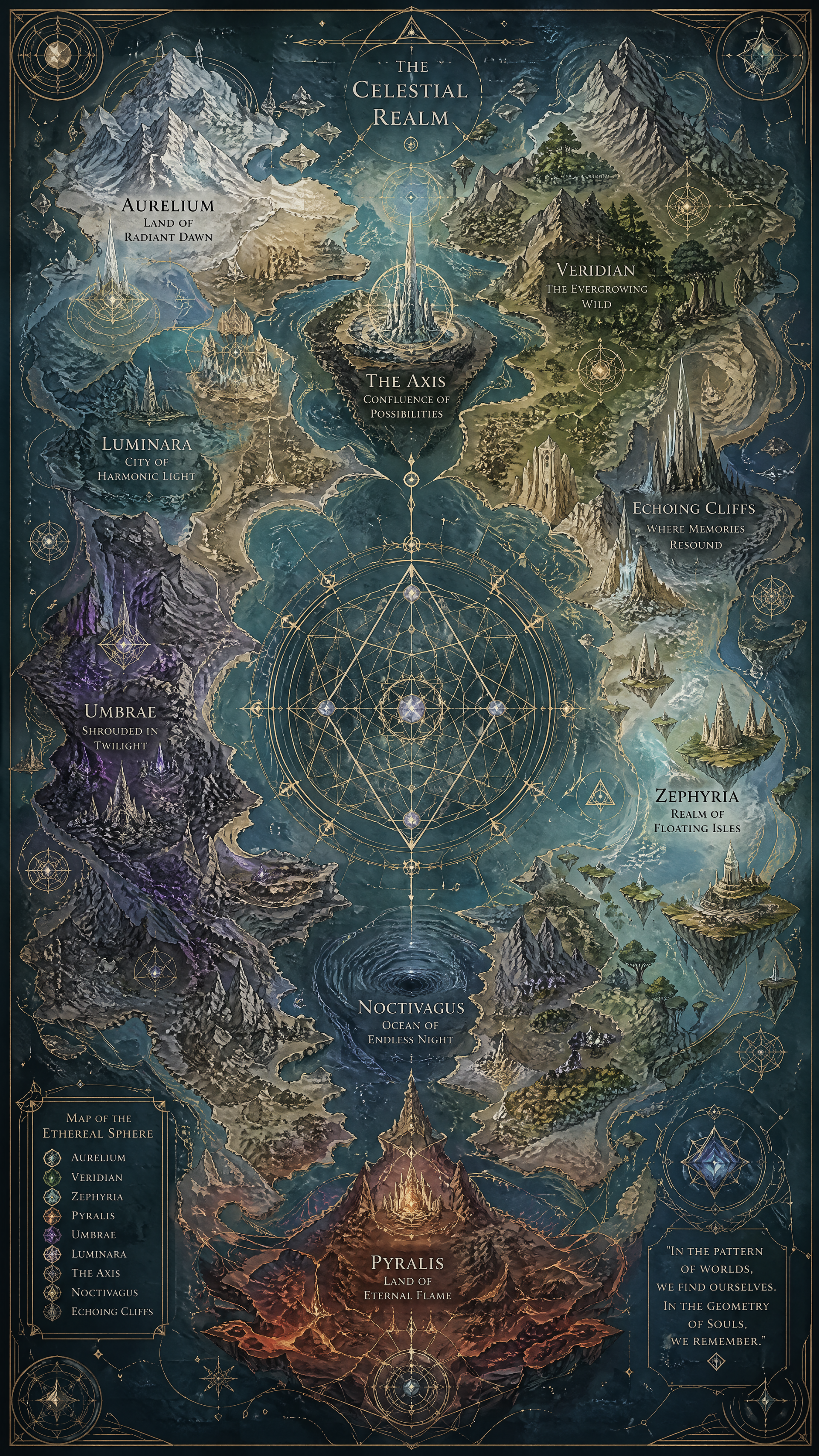 Vertical iPhone wallpaper of an ornate fantasy map titled The Celestial Realm, with labeled continents, floating islands and a glowing central geometric axis amid mountains, seas and compass roses.