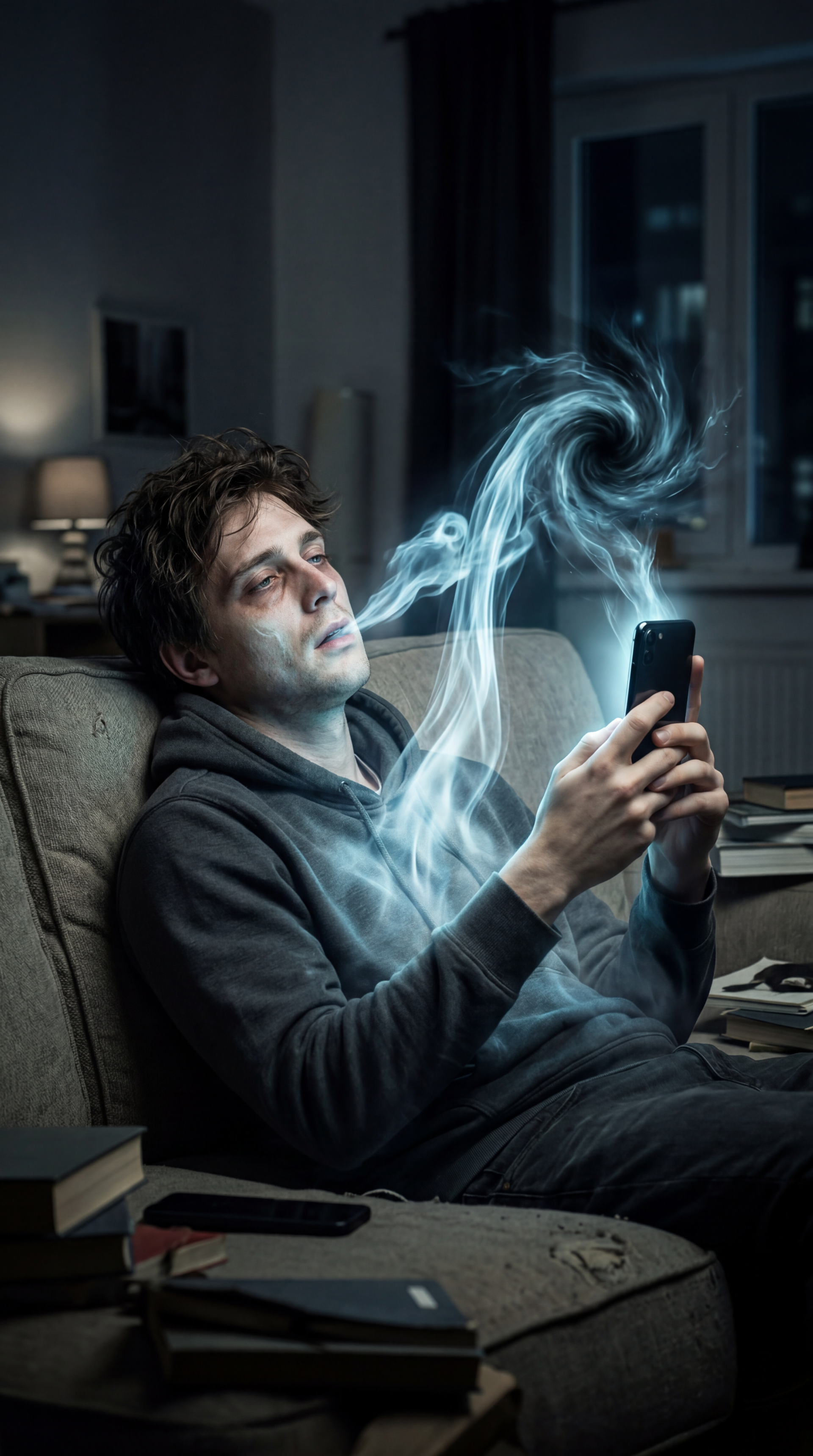 Dark iPhone wallpaper: a tired man slumped on a couch as ghostly smoke rises from his smartphone into his face, symbolizing phone addiction.