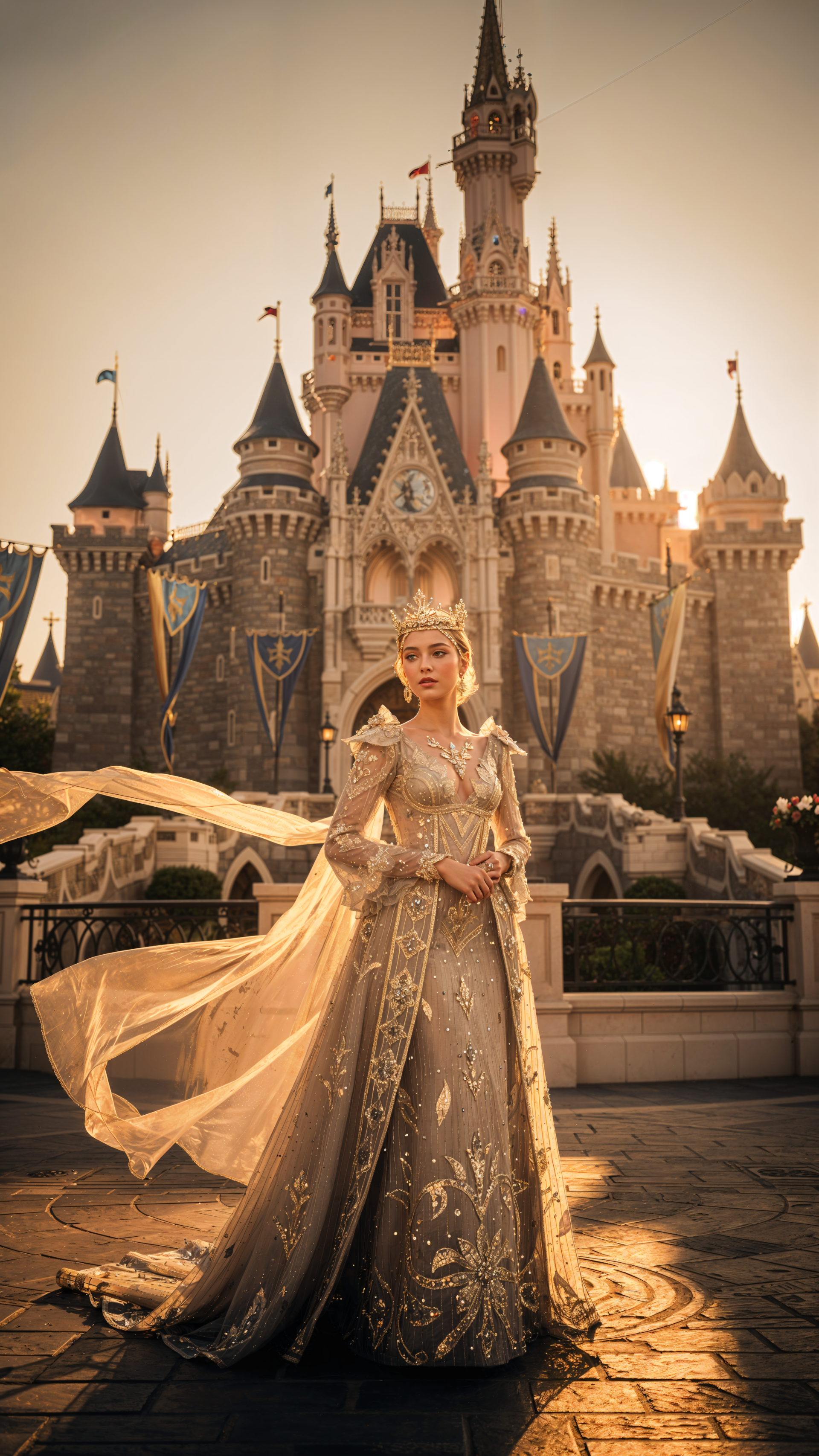 Vertical iPhone wallpaper: crowned woman in an ornate gown stands before a glowing fairytale castle at sunset.