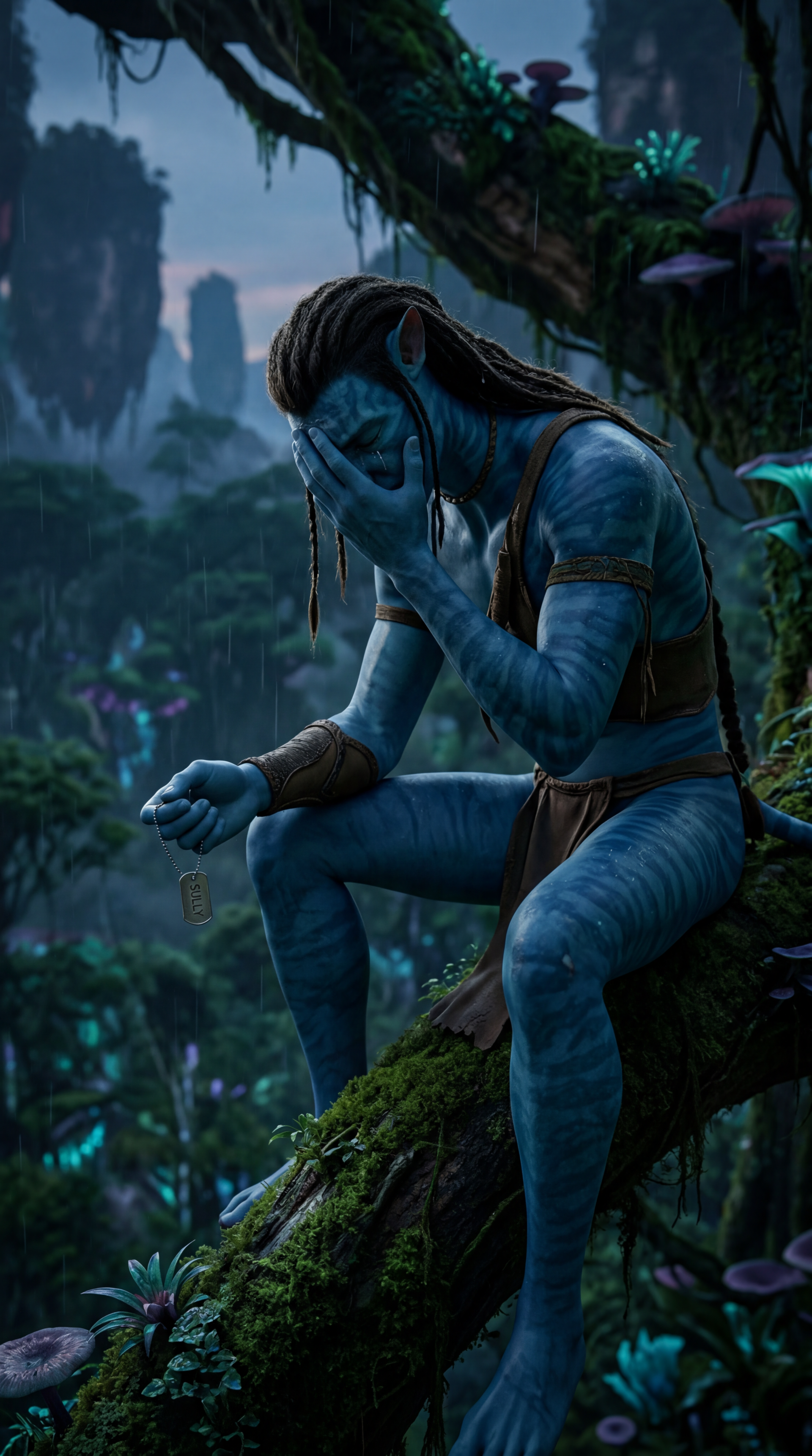 Avatar phone wallpaper: a blue Na'vi sits on a mossy tree branch in the rain, face in hand while clutching dog tags, surrounded by a bioluminescent jungle at dusk.