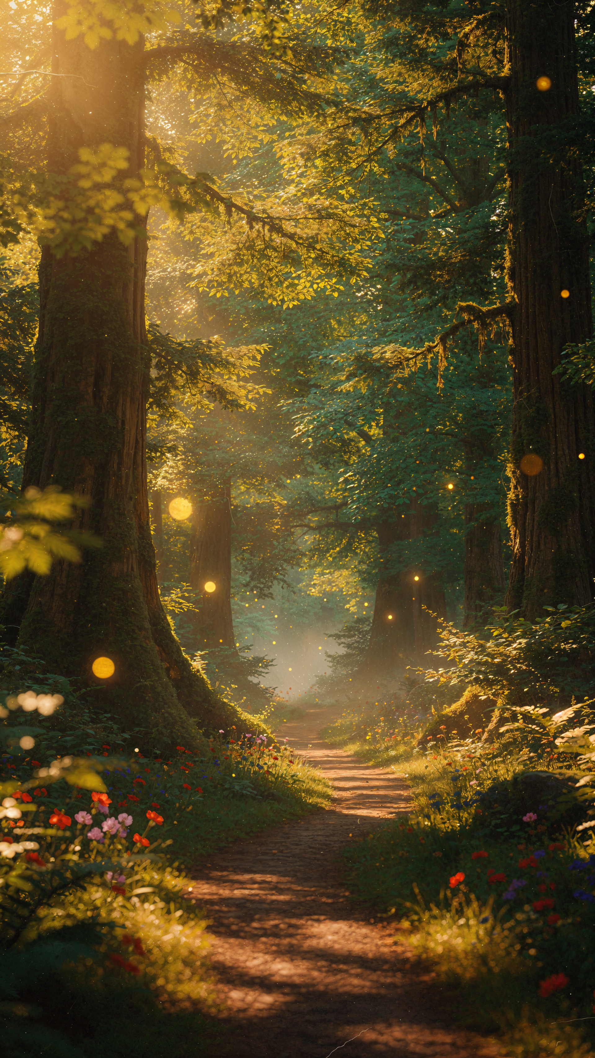 iPhone wallpaper showing an enchanted forest path bathed in golden sunlight, towering mossy trees, wildflowers and drifting fairy lights into mist.