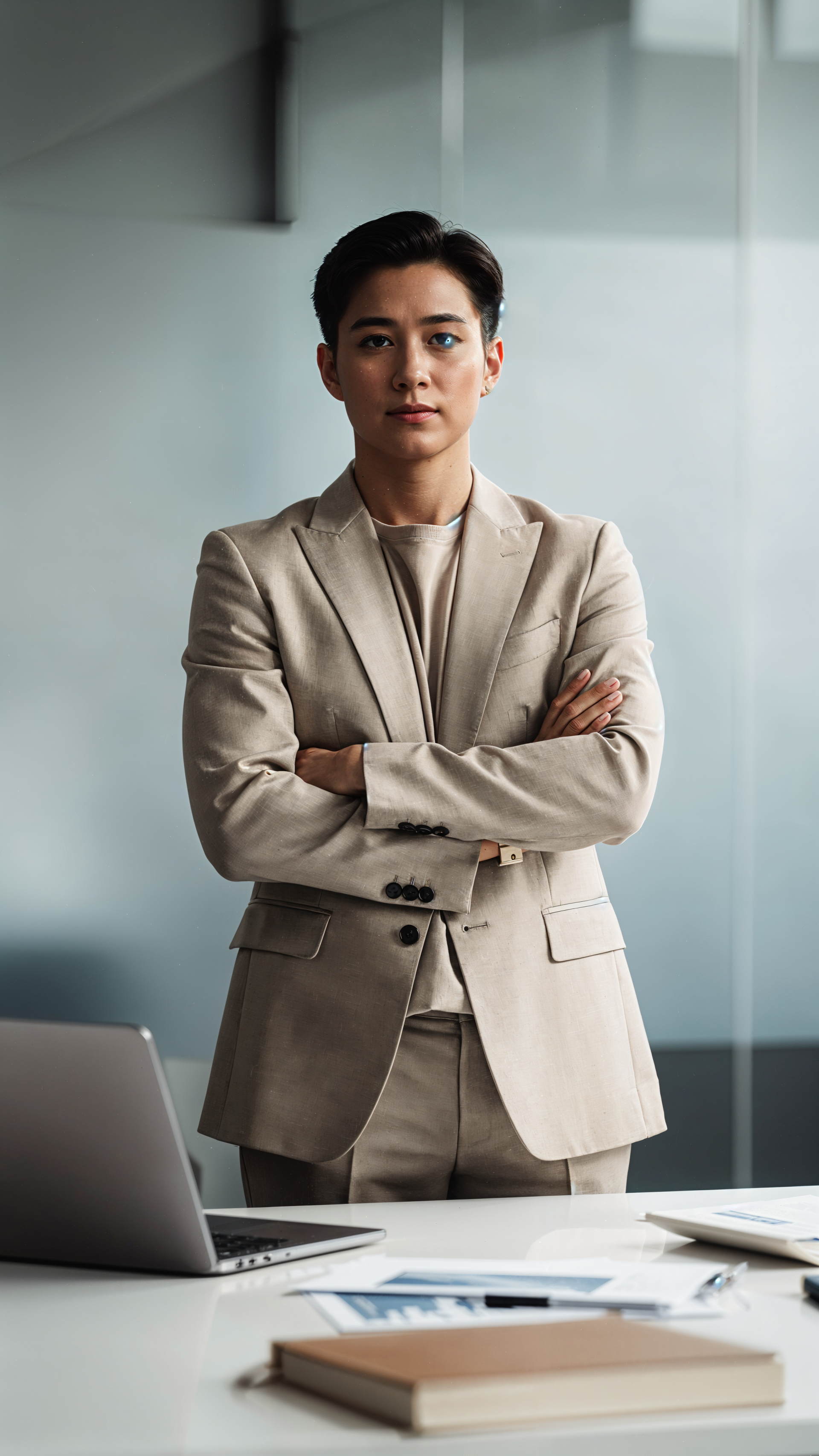 iPhone wallpaper of a poised entrepreneur in a beige suit, arms crossed in a modern office with a laptop and documents on the desk.