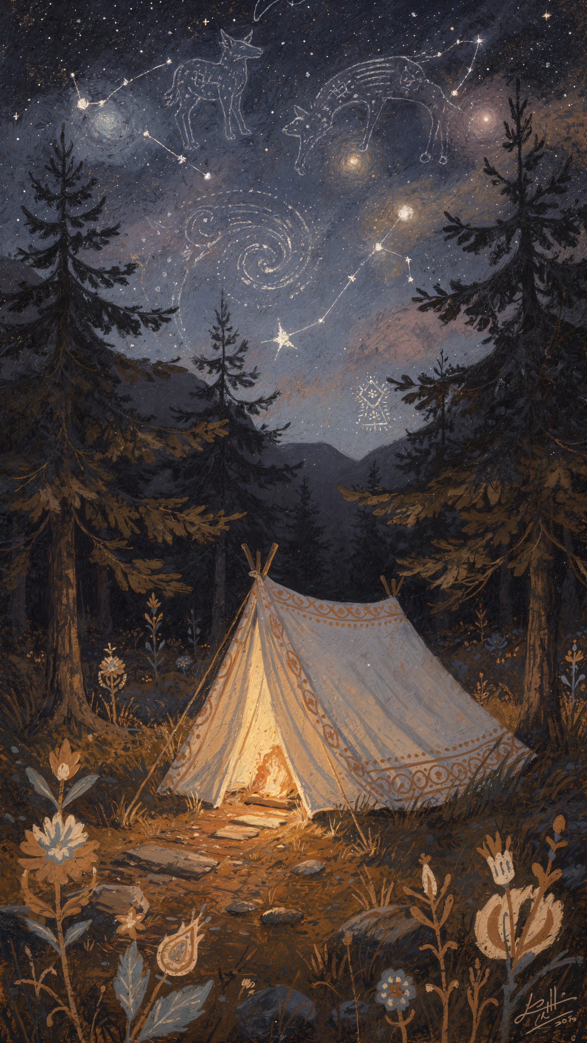 iPhone wallpaper: a lit tent and campfire in a pine forest under a starry sky with swirling light and animal constellations.