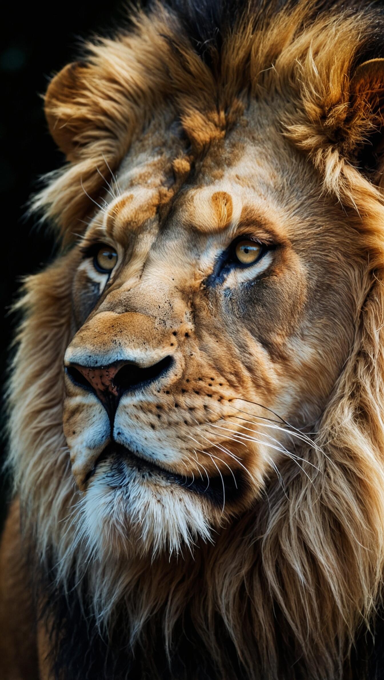 Regal male lion close-up — wildlife predator king with fierce golden eyes and a flowing mane, composed as a vertical iPhone wallpaper.