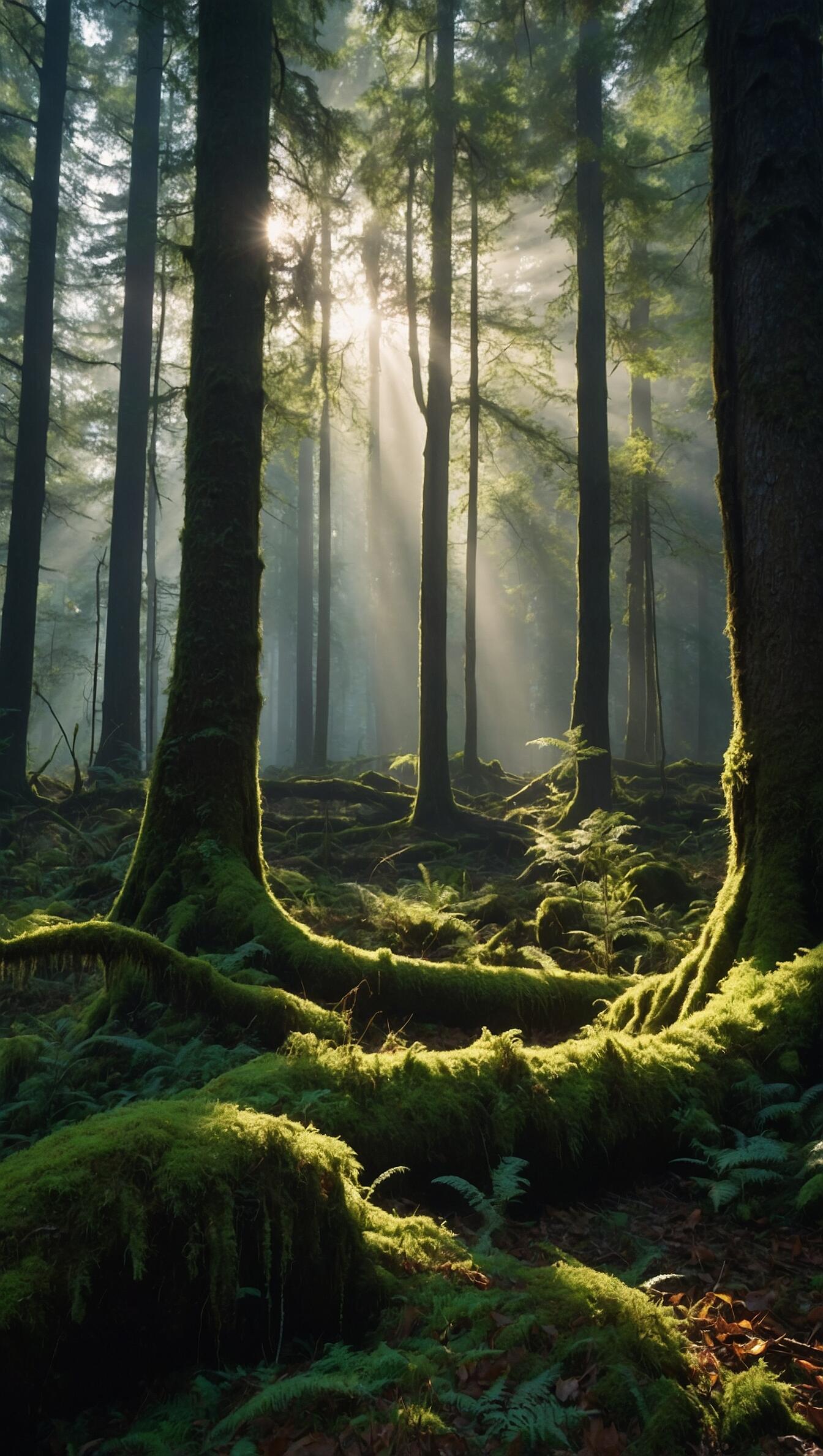 iPhone wallpaper of an enchanted forest: sunbeams pierce tall trees, illuminating moss-covered roots and ferns.
