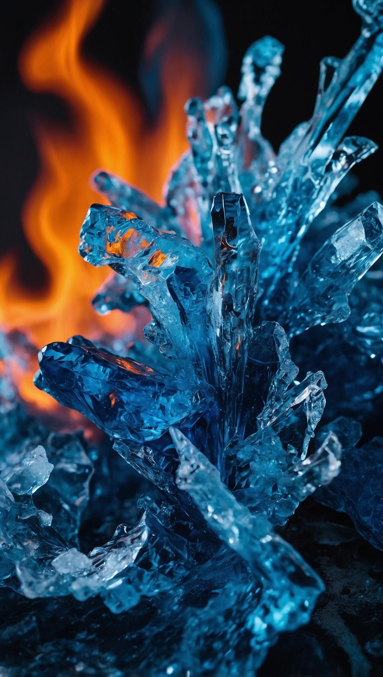 iPhone wallpaper of a night mountain landscape under the aurora borealis (Northern Lights), with jagged blue ice-crystal foreground and a warm orange glow behind.