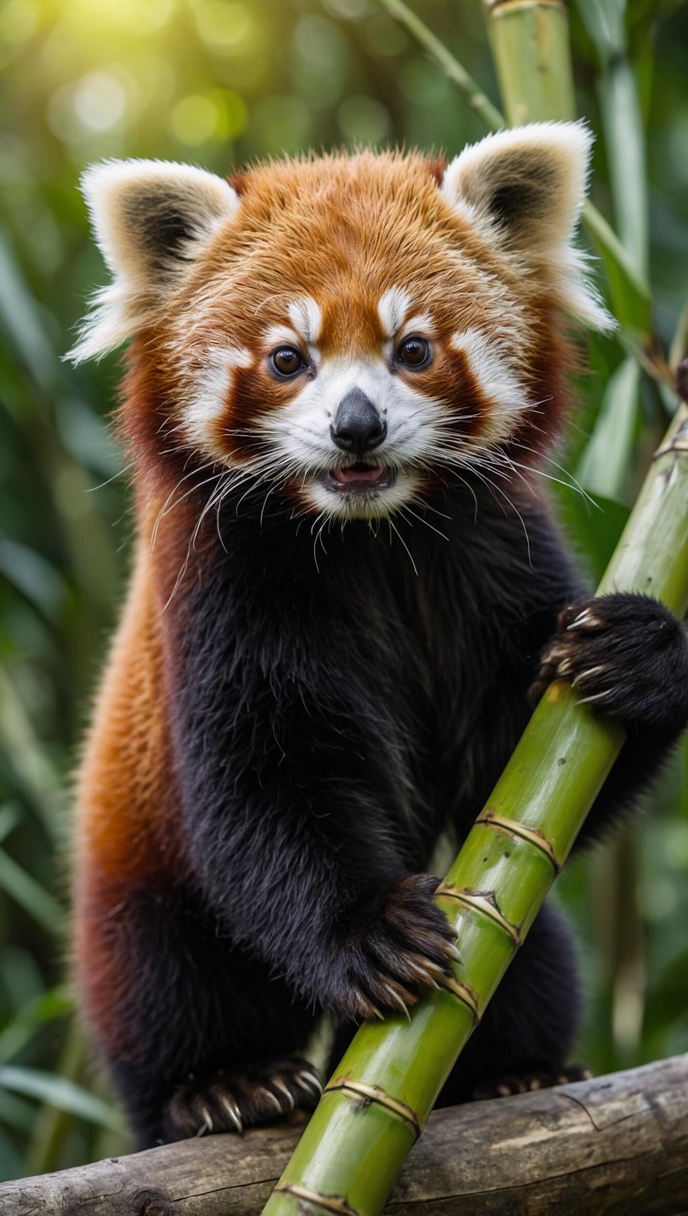 Cute baby red panda portrait clutching bamboo amid lush greenery — vertical phone/iPhone wallpaper wildlife close-up.