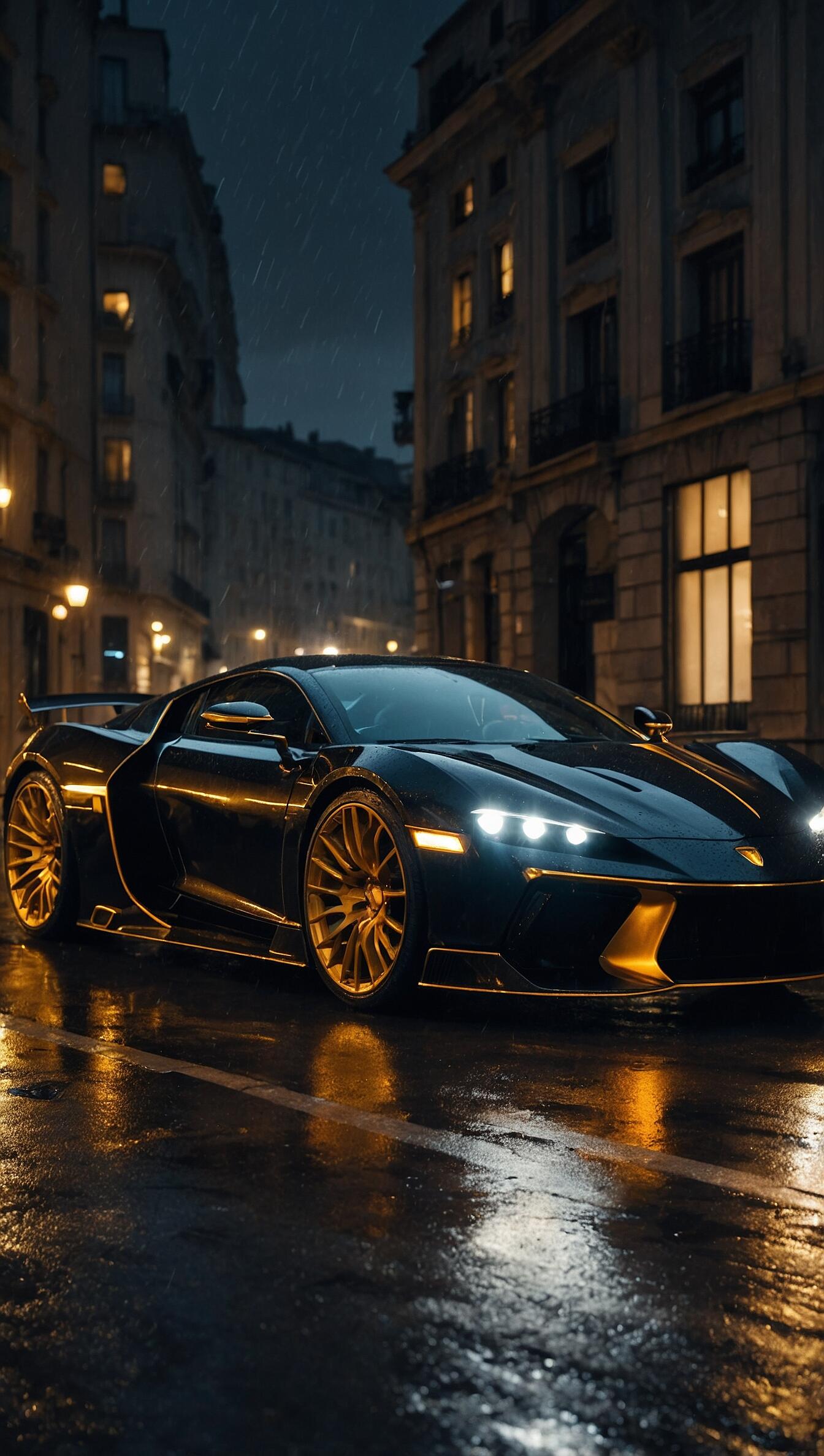 Luxury black sports car with gold accents on a rain-slick city street at night, reflections glowing — vertical iPhone wallpaper.