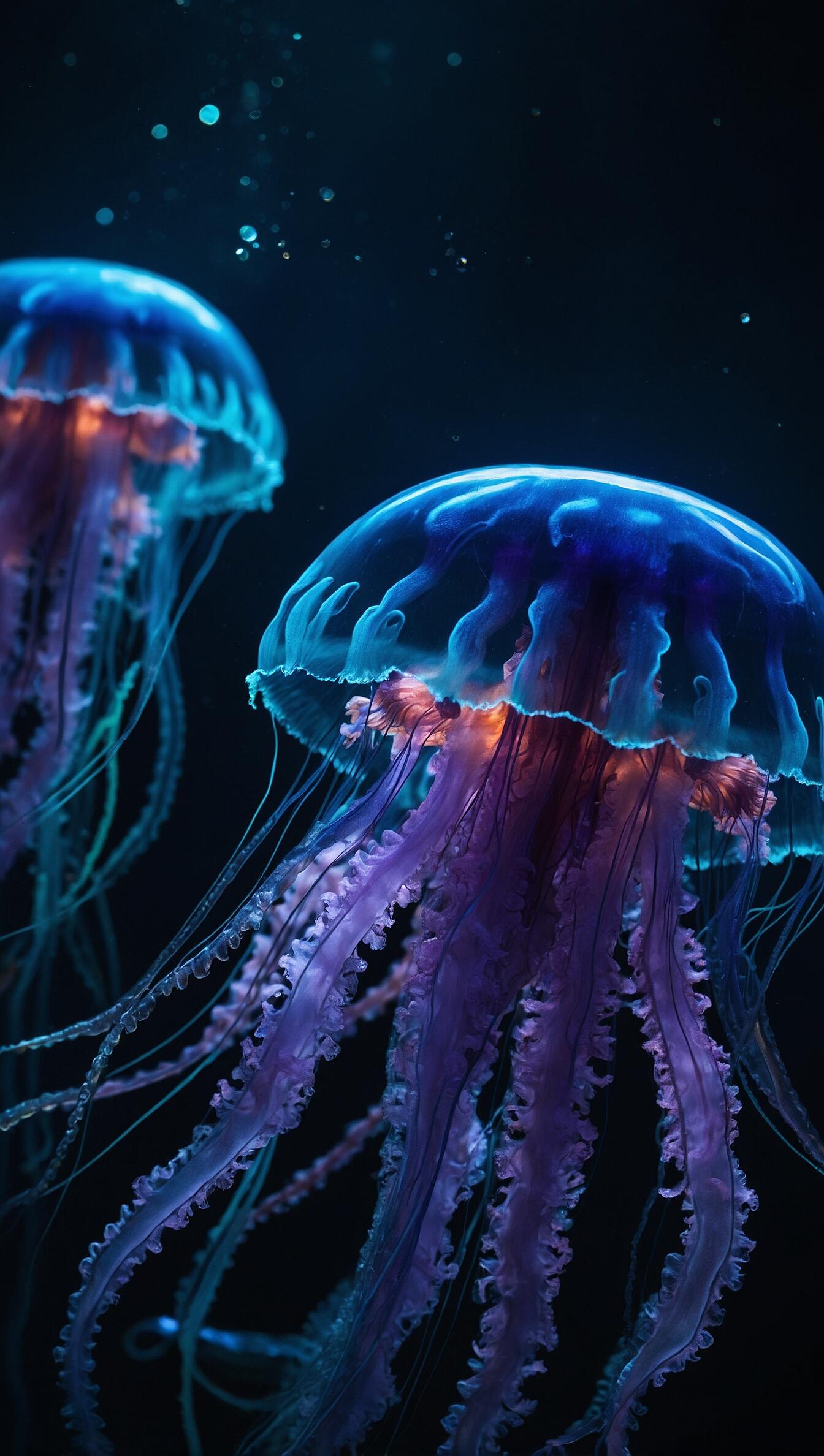 Neon bioluminescent jellyfish drifting underwater in the deep ocean, glowing electric blue and purple — vertical iPhone wallpaper.