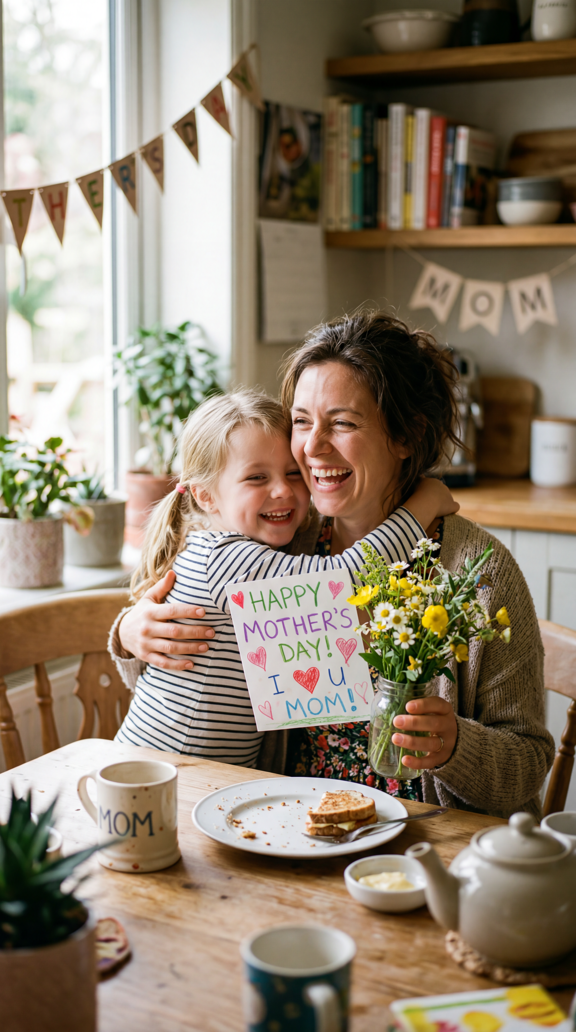 iPhone wallpaper: smiling mother and daughter hug in a sunlit kitchen, the child holding a colorful Happy Mother's Day card and a small bouquet of flowers.