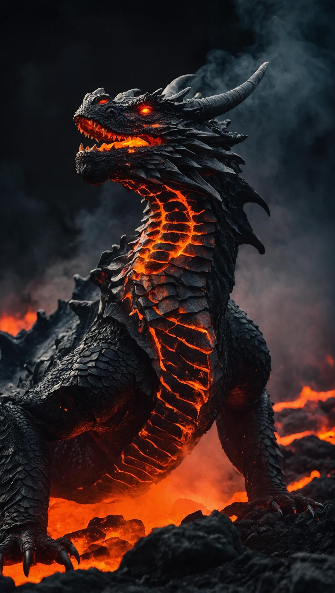iPhone wallpaper: a horned fantasy dragon/monster with black scales and glowing magma veins and eyes, rising from rivers of lava.