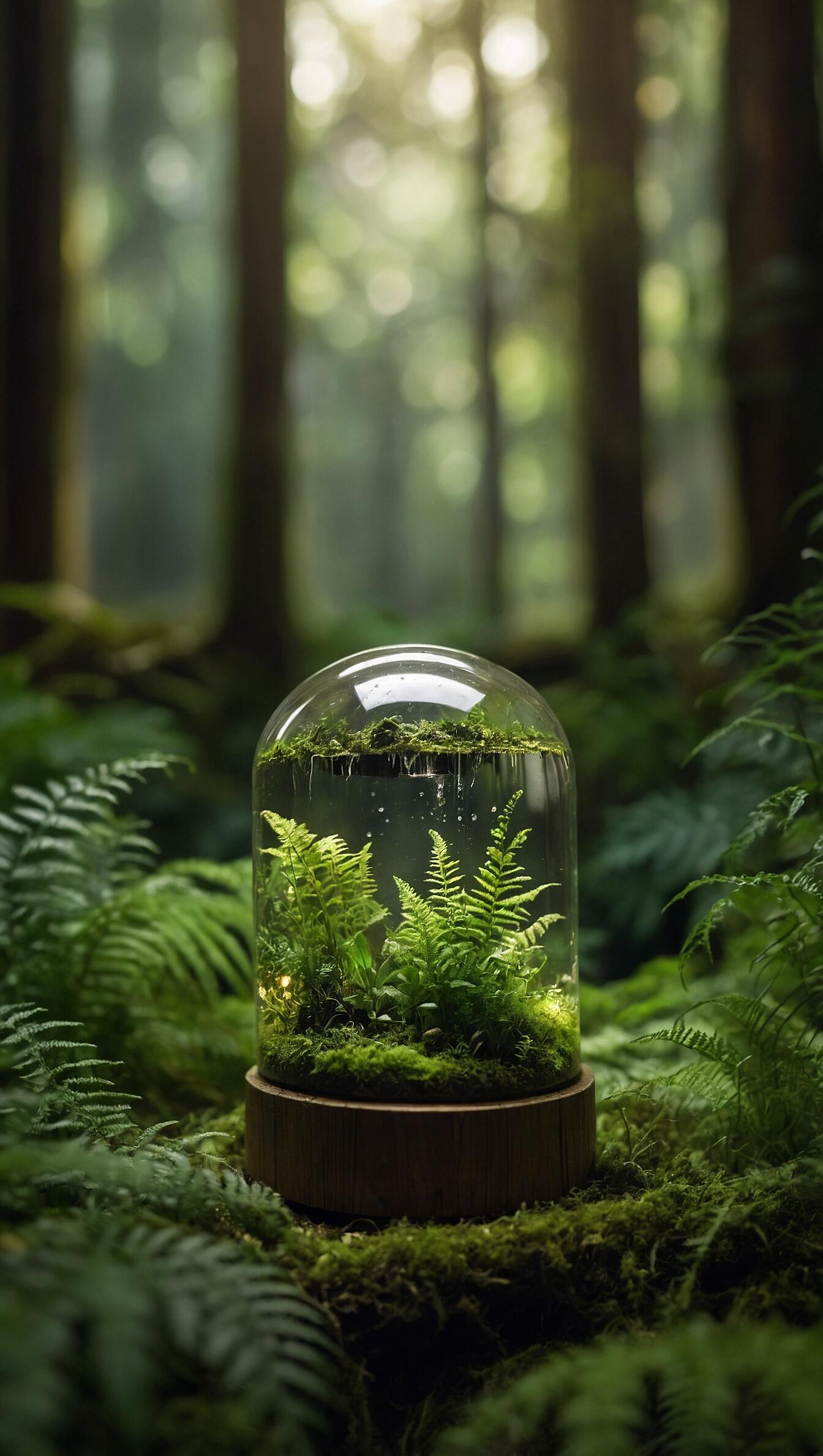 iPhone wallpaper of a glass terrarium cradling ferns and moss on a wooden base, glowing green amid a misty forest floor.