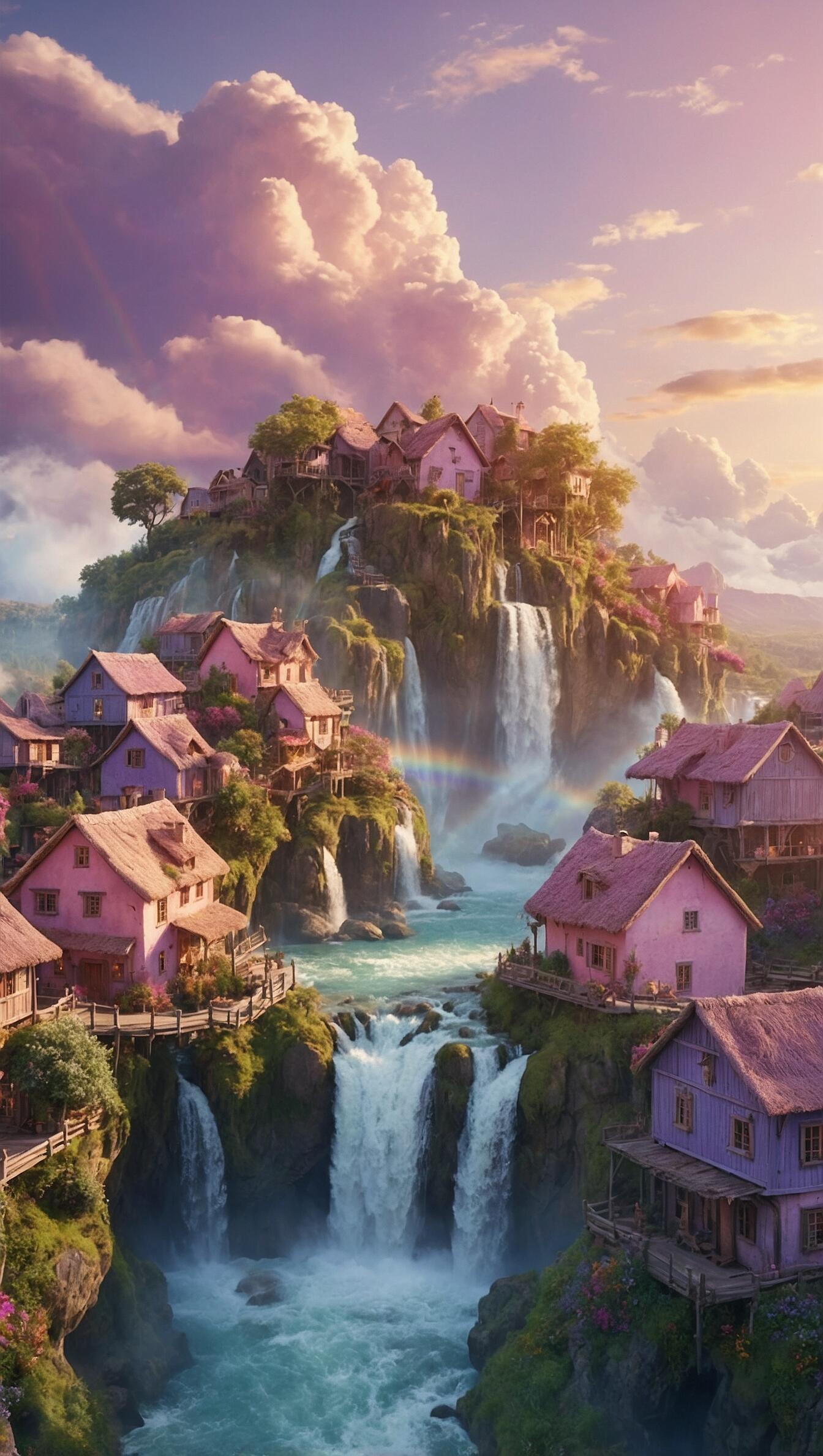 iPhone wallpaper: fantasy village on cliffs with cascading waterfalls, billowing clouds and a rainbow.
