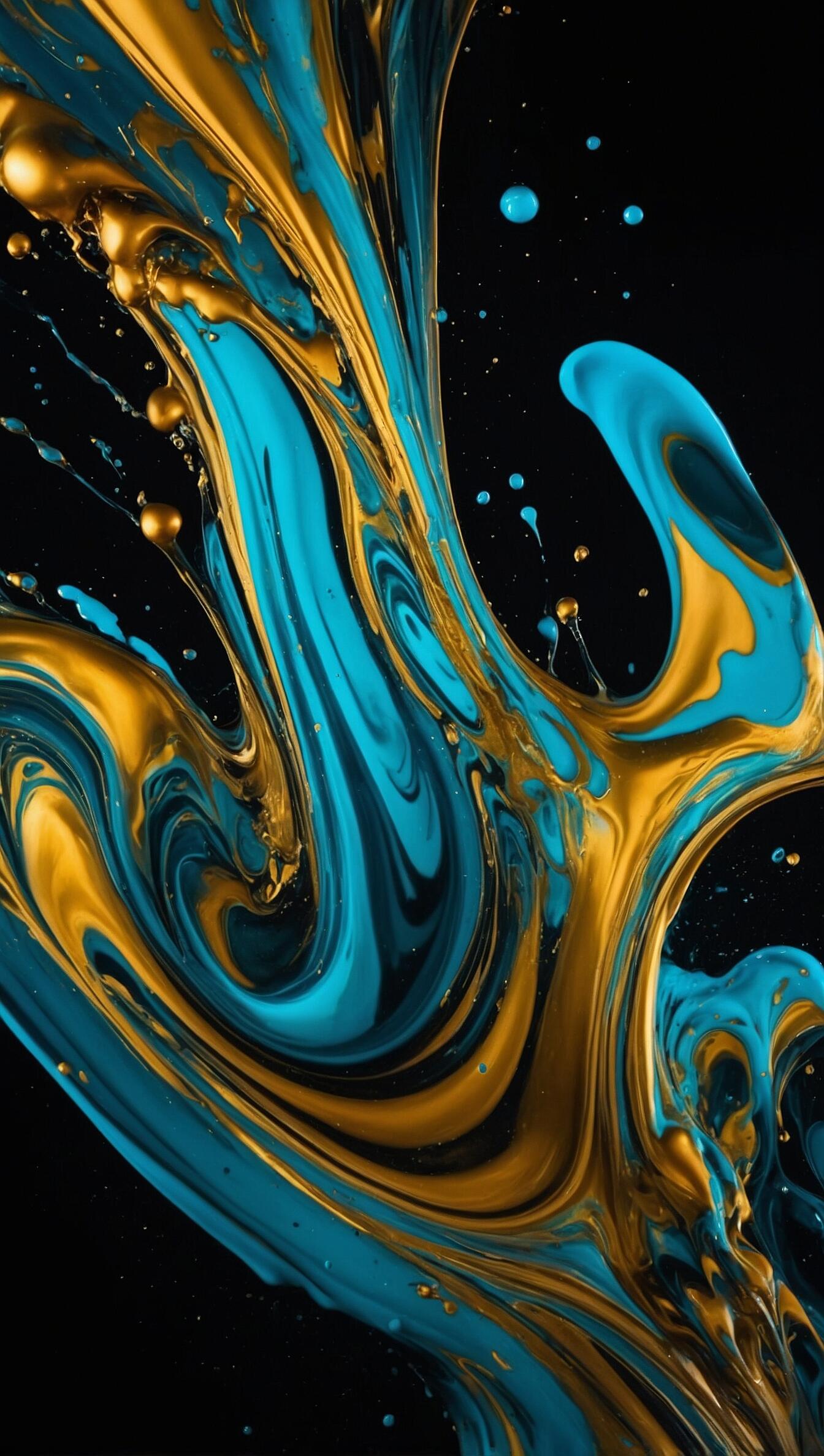 Abstract vertical iPhone wallpaper of flowing turquoise and metallic gold liquid ink swirls against a deep black background.